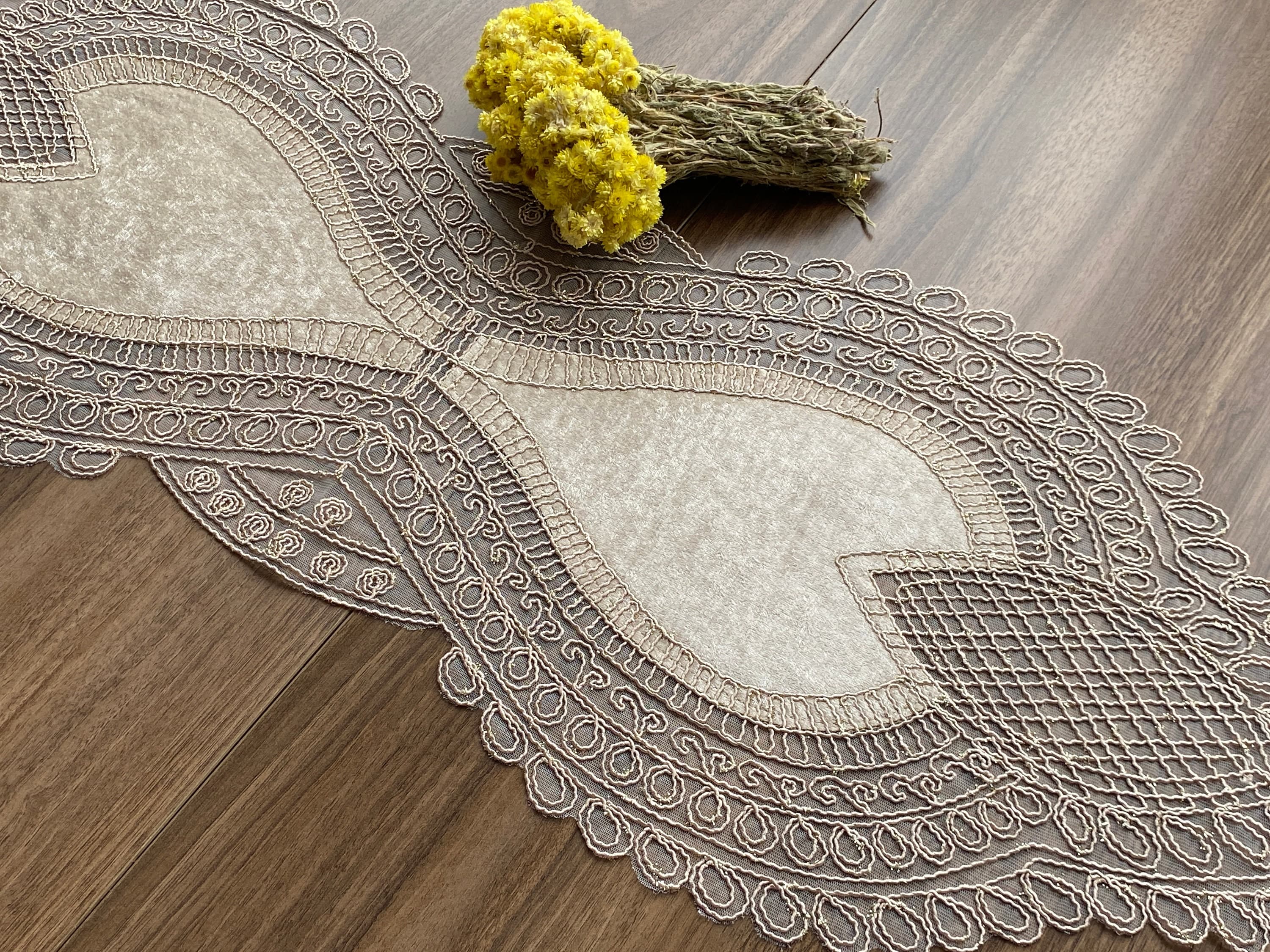 Cappuccino French Lace Table Runner, Vintage Style French Shabby chic For Wedding Table, Rustic Lace Runner, Elegant Table Runner,  LC213 - image 3