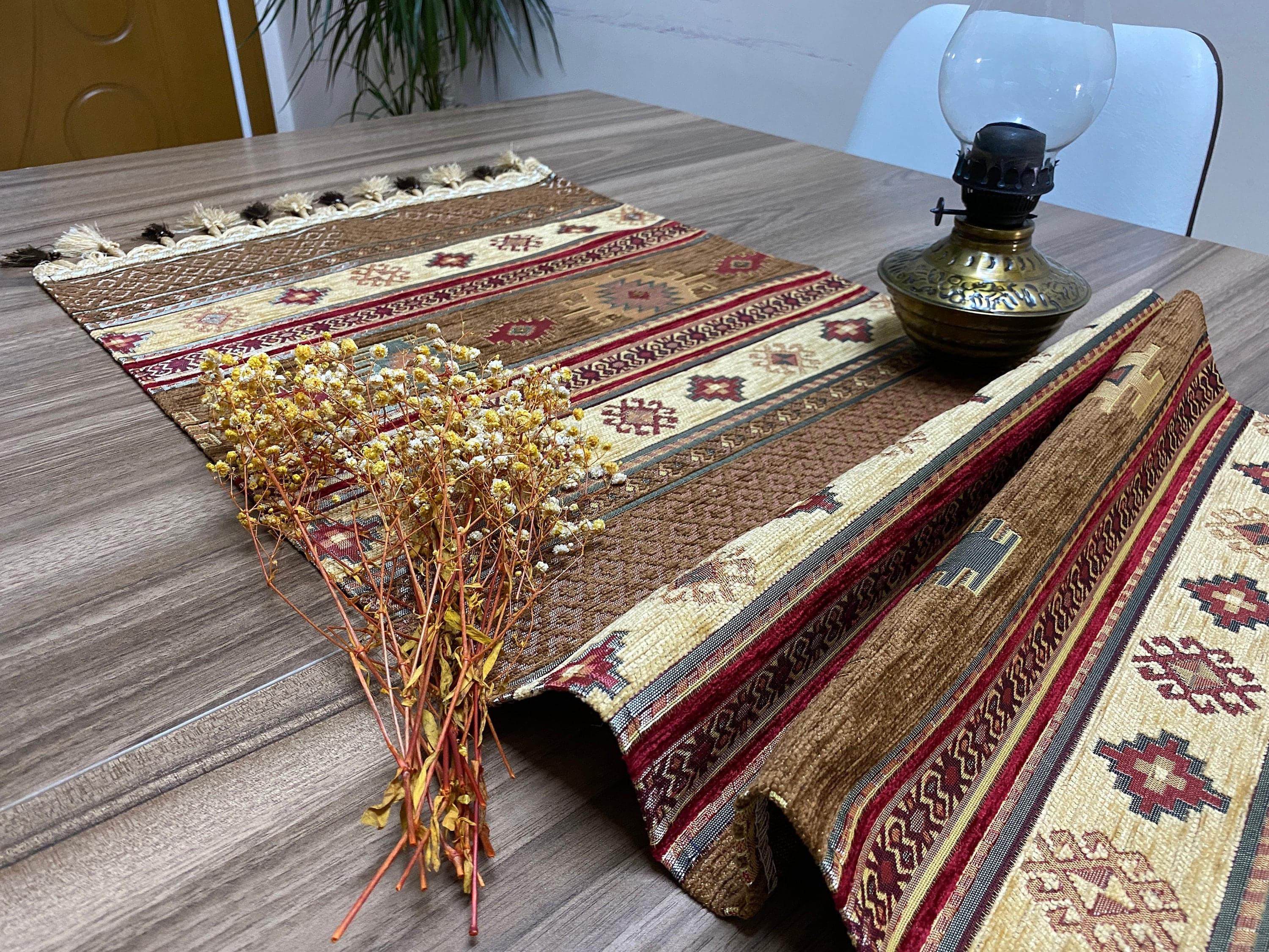 Brown Kilim Pattern Turkish Coffee Table Cloth Runner, Actec Small Home Boho Wedding Oriental Table Runner, Diner Table Runner, RNR348