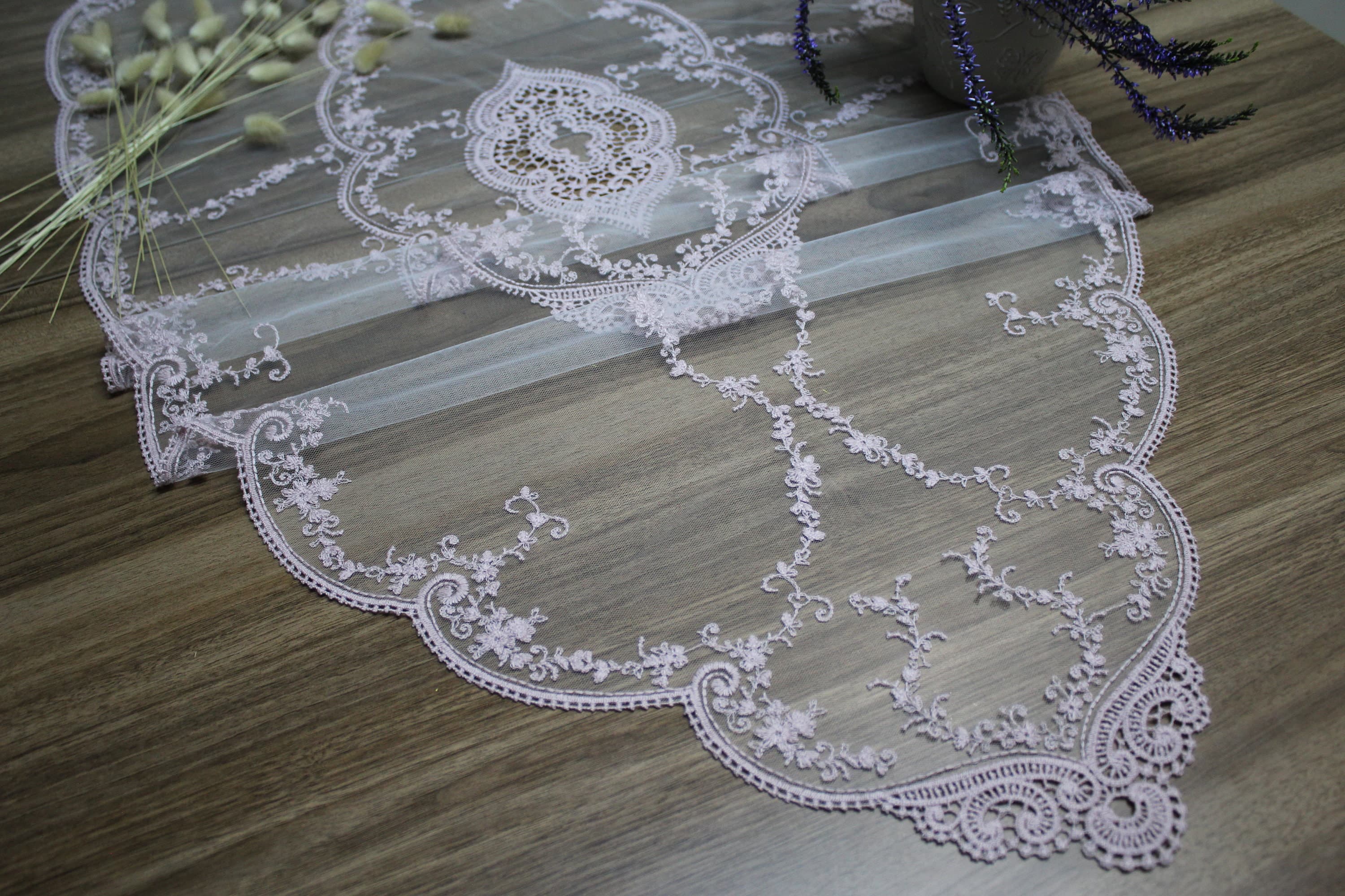 Light Pink French Lace Table Runner, Vintage Style French Tablecloth For Wedding Table, Linen Lace Runner Vintage, French Soft Lace,  LC108 - image 4