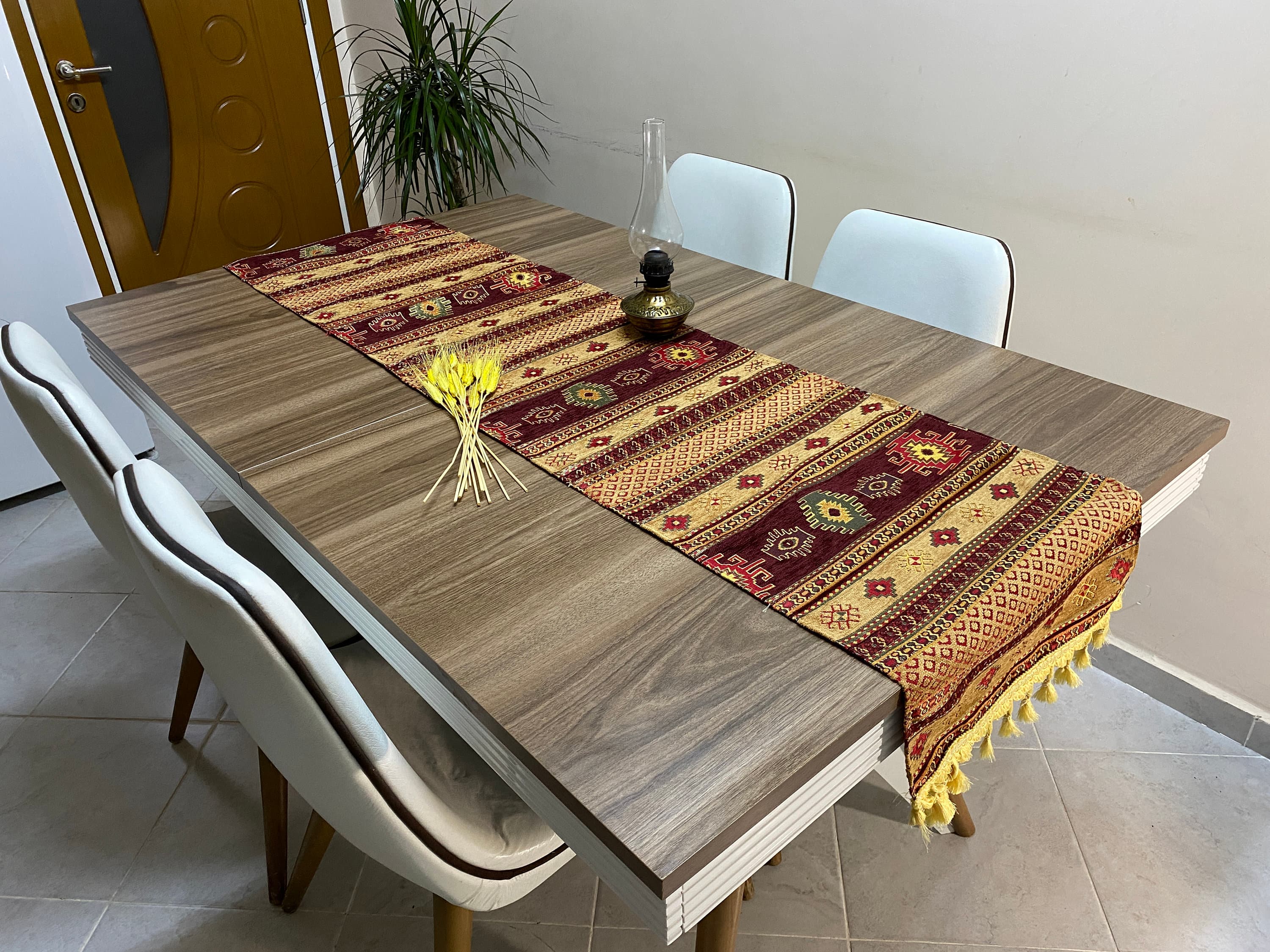 Burgundy Kilim Pattern Turkish Table Runner, Long Boho Wedding Table Decor, Aztec Mustard Farmhouse Rustic Table Runner, RNR369