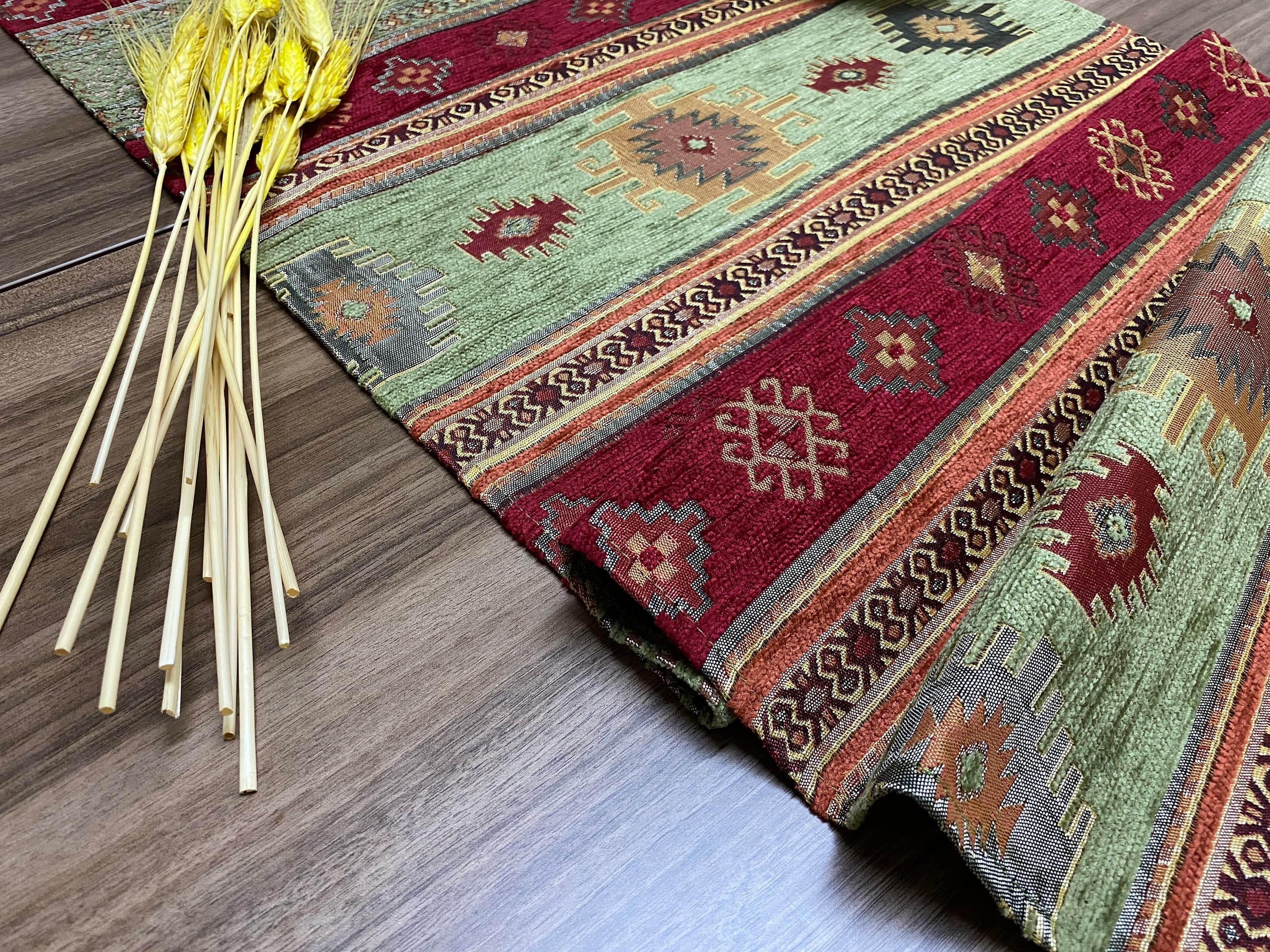 Burgundy Kilim Pattern Turkish Coffee Table Cloth Runner,  Aztec Boho Wedding Oriental Table Runner, Green Diner Table Runner, RNR279 - image 4