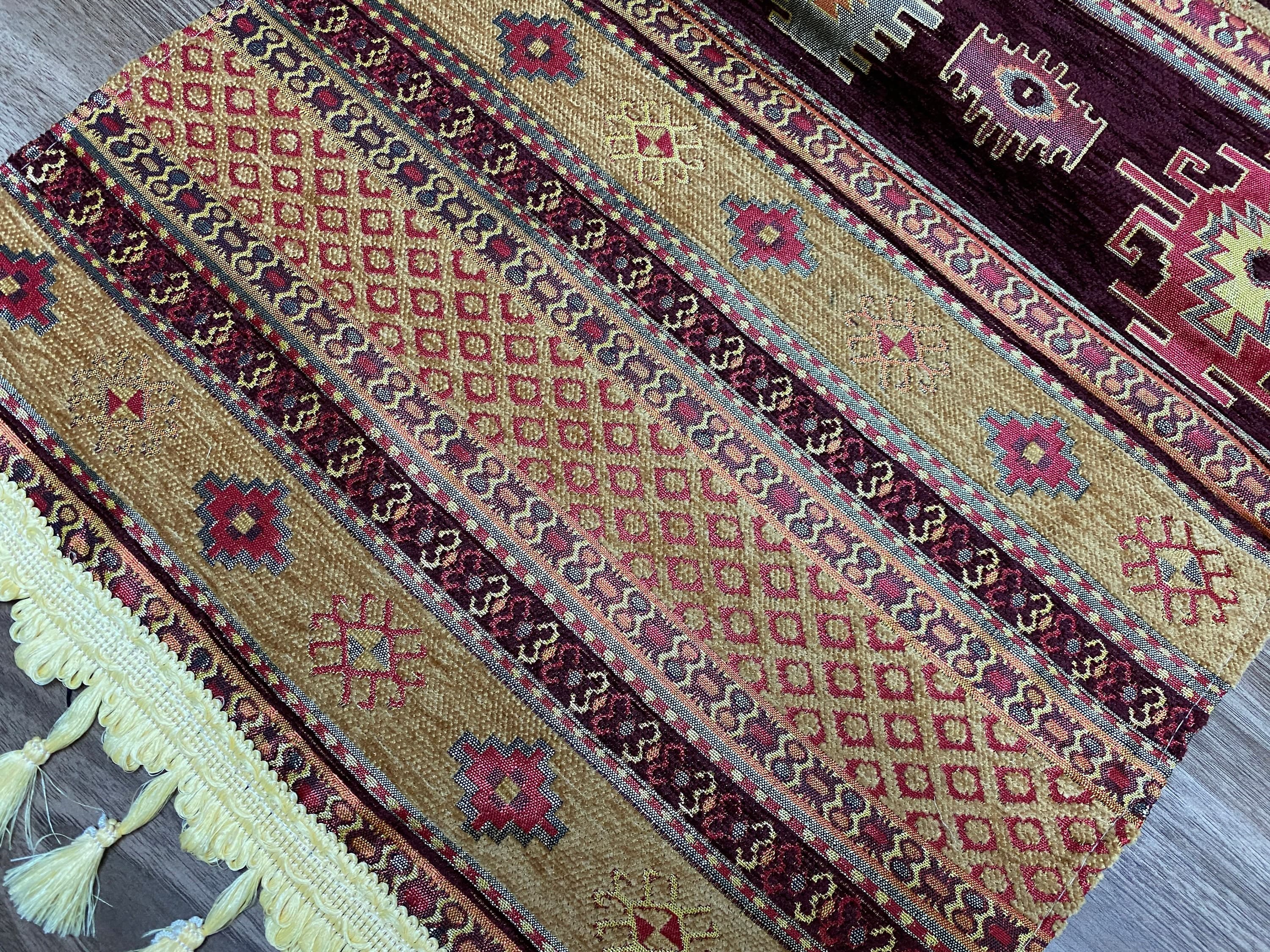 Burgundy Kilim Pattern Turkish Table Runner, Long Boho Wedding Table Decor, Aztec Mustard Farmhouse Rustic Table Runner, RNR369 - image 5