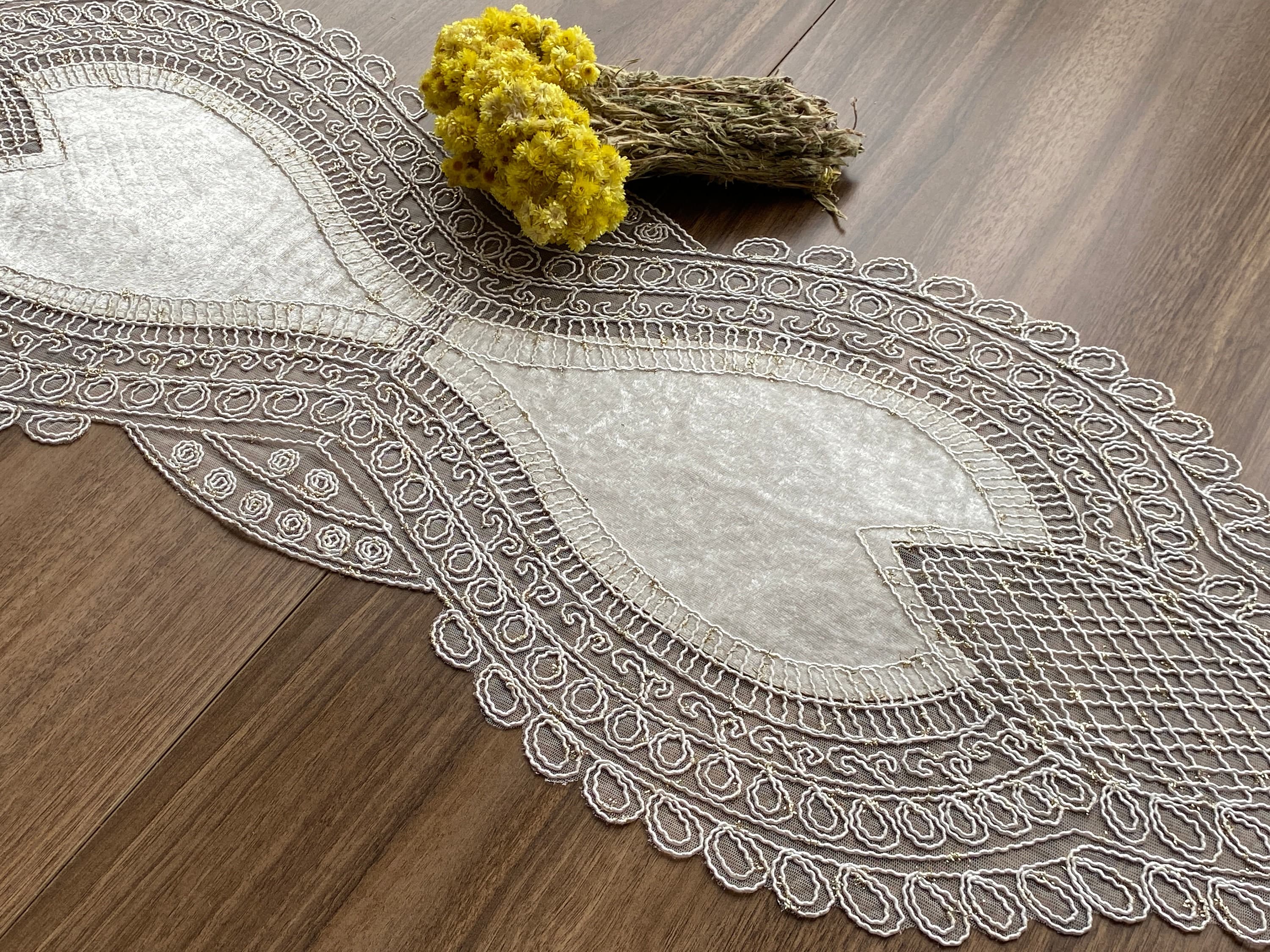 Cream French Lace Table Runner, Vintage Style French Shabby chic For Wedding Table, Rustic Lace Runner, Elegant Table Runner,  LC216 - image 3