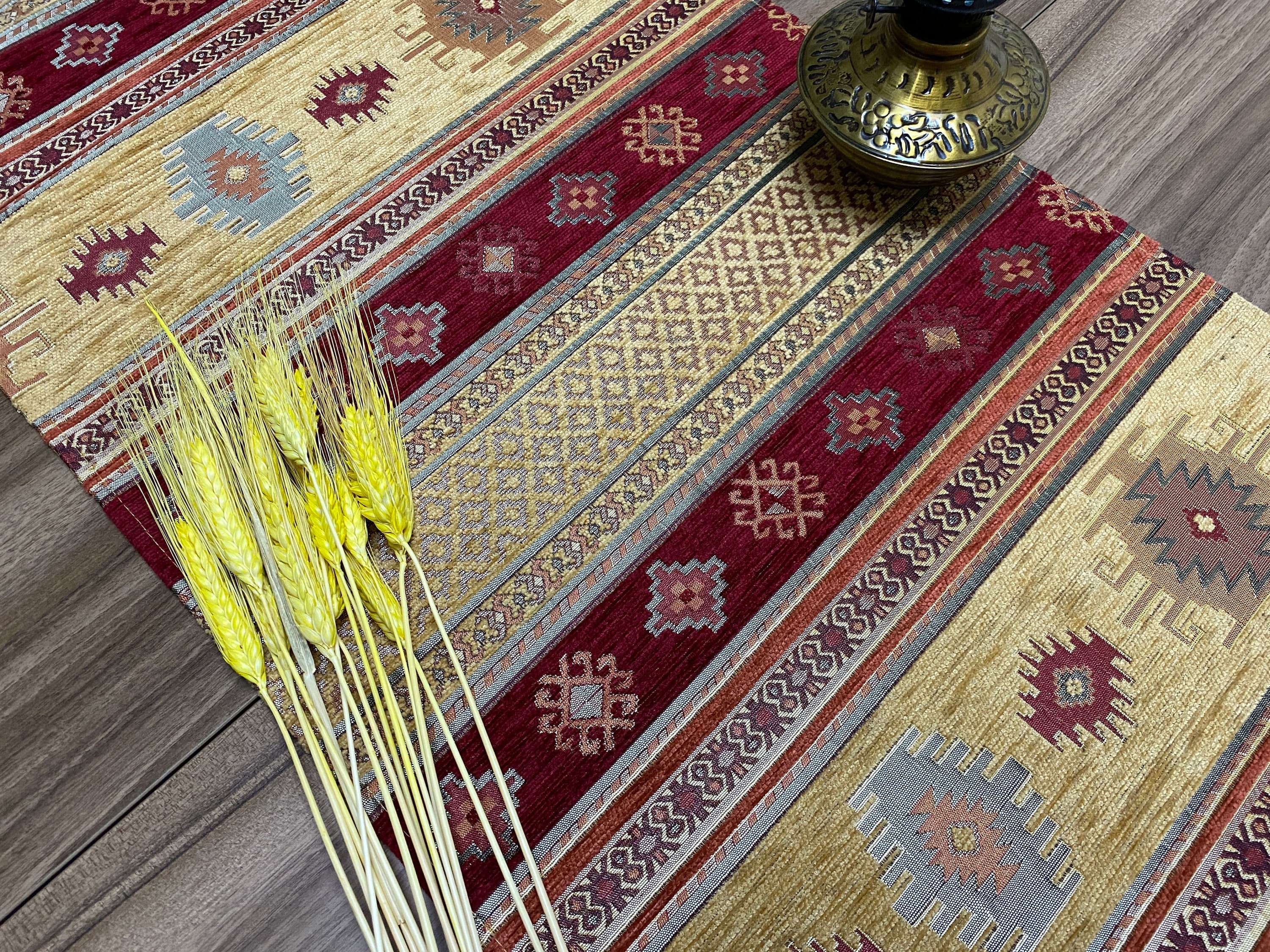 Burgundy Kilim Pattern Turkish Coffee Table Cloth Runner,  Aztec Boho Wedding Oriental Table Runner, Mustard Diner Table Runner, RNR278 - image 3