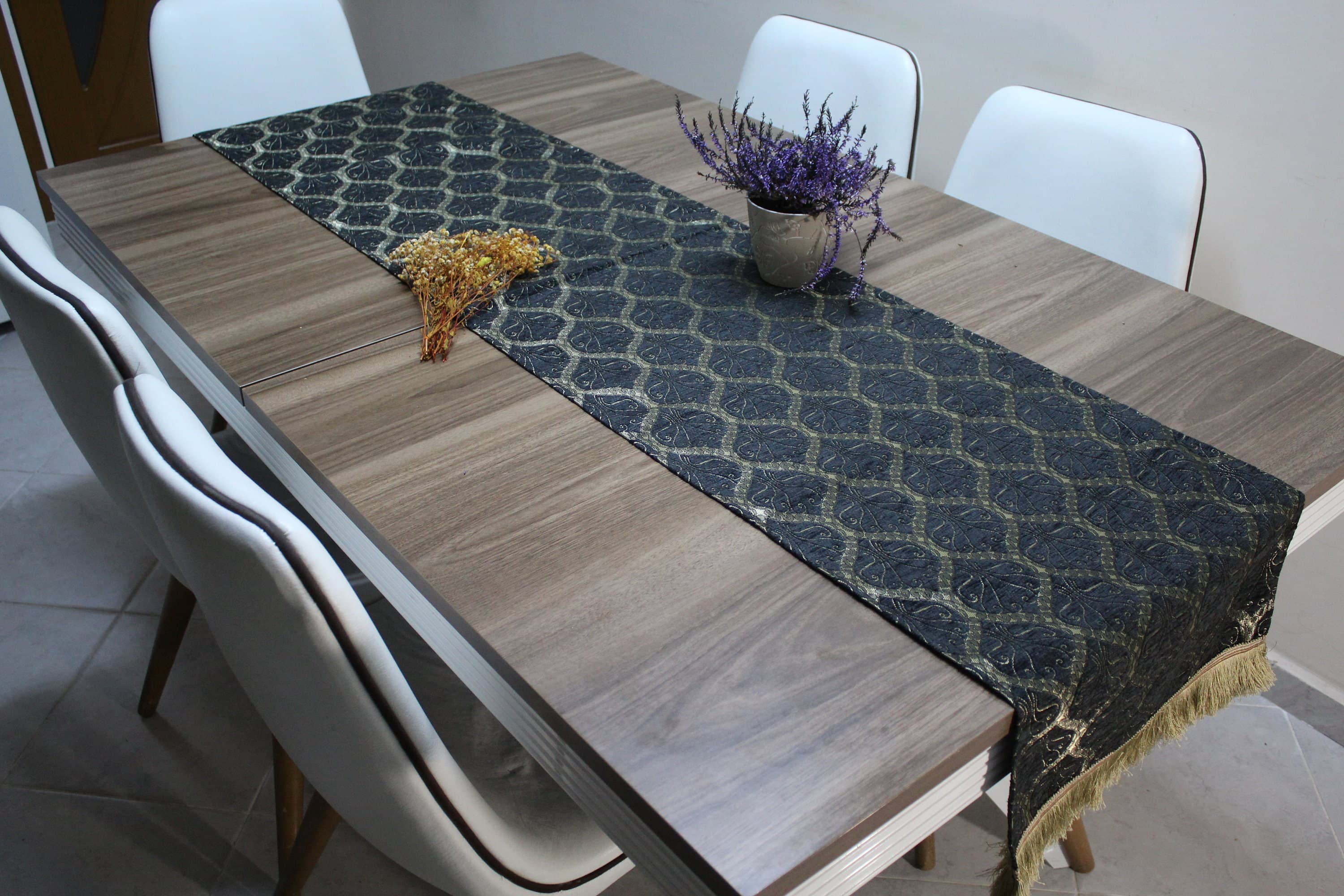 Black Turkish  Table Cloth Runner, Peacock Tail Design Floral Boho Table Runner For Wedding, Gold Table Cover, Coffee Table Runner,  RNR190
