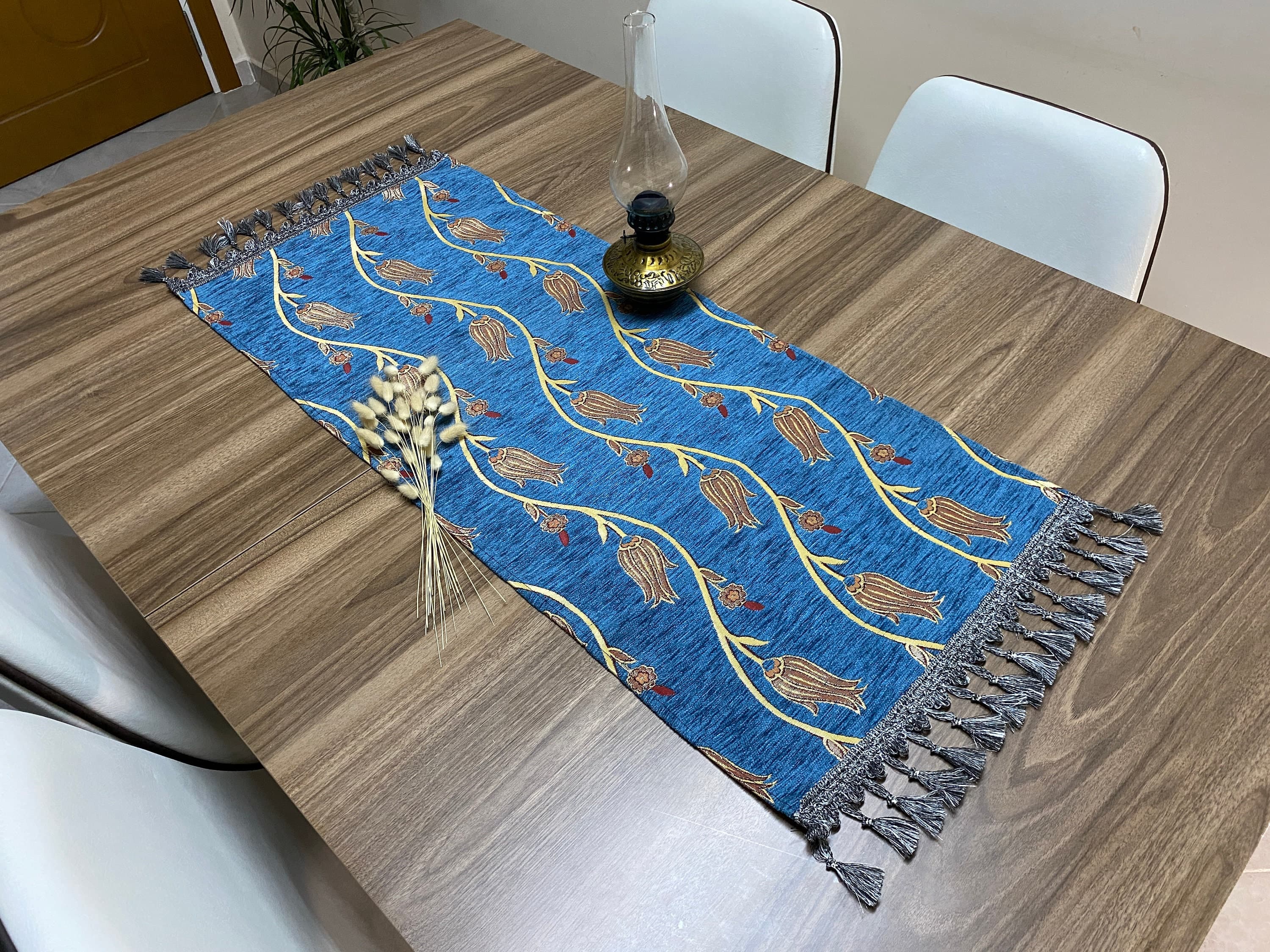 Dark Blue Tulip Pattern Mini Turkish Coffee Table Cloth Runner, Home Boho Wedding Oriental Table Runner, Diner Table Runner, RNR334 - image 3
