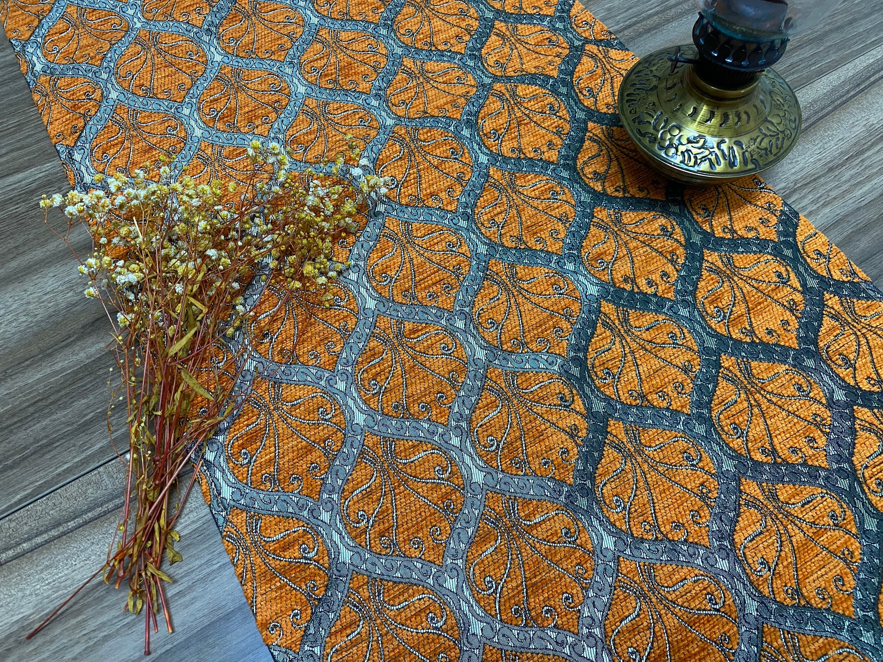 Orange Peacock Tail Pattern Turkish Coffee Table Cloth Runner,  Home Boho Wedding Oriental Table Runner, Chemin de Table Rustique, RNR413 - image 3
