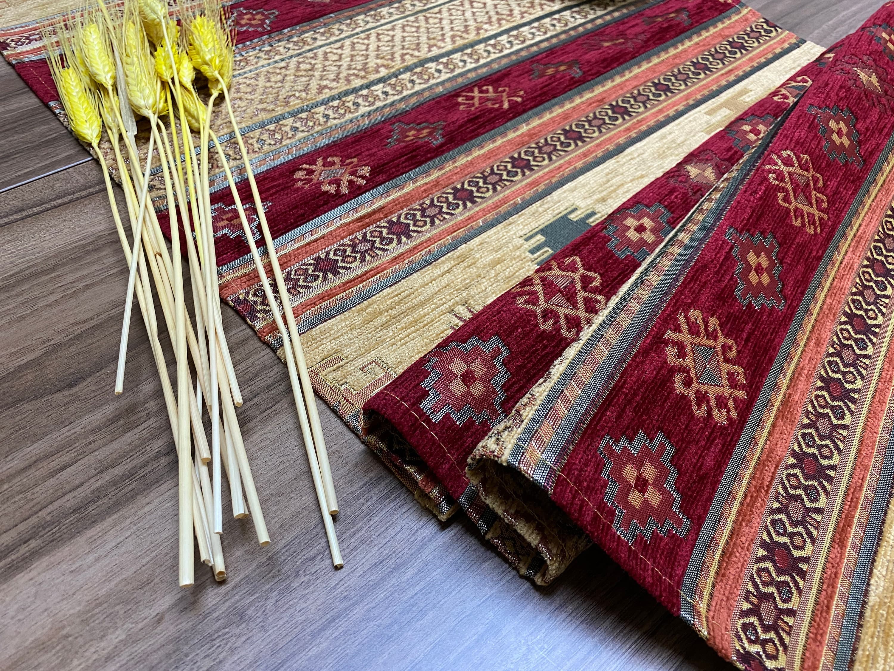 Burgundy Kilim Pattern Turkish Coffee Table Cloth Runner,  Aztec Boho Wedding Oriental Table Runner, Mustard Diner Table Runner, RNR278 - image 4
