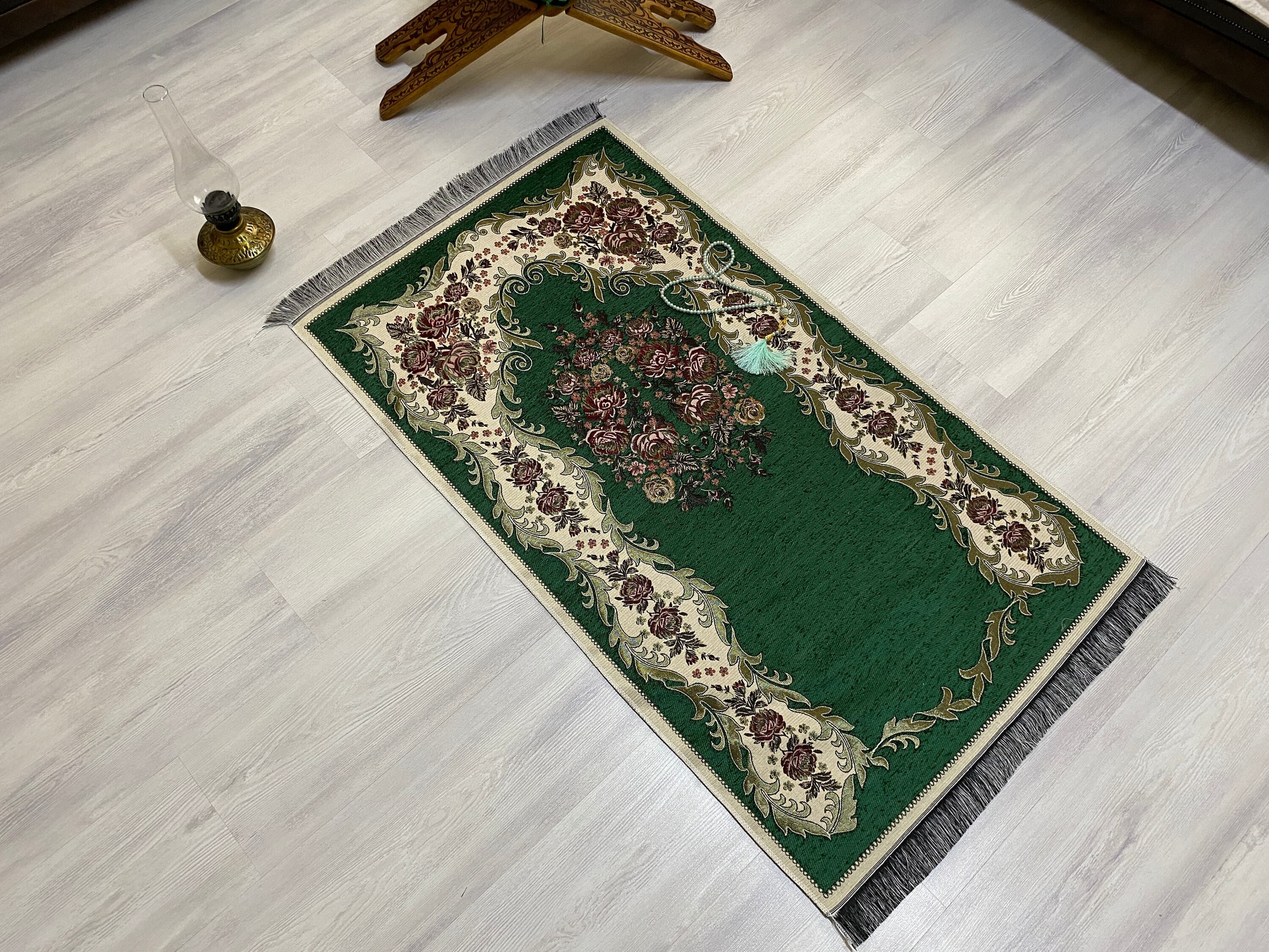 Dark Green Light  Prayer Mat, Sejadah Prayer Mat with Tasbeeh,Muslim Wedding Gift, Prayer Rug, Muslim Janamaz, Islamic Gift, RNR526 - image 4