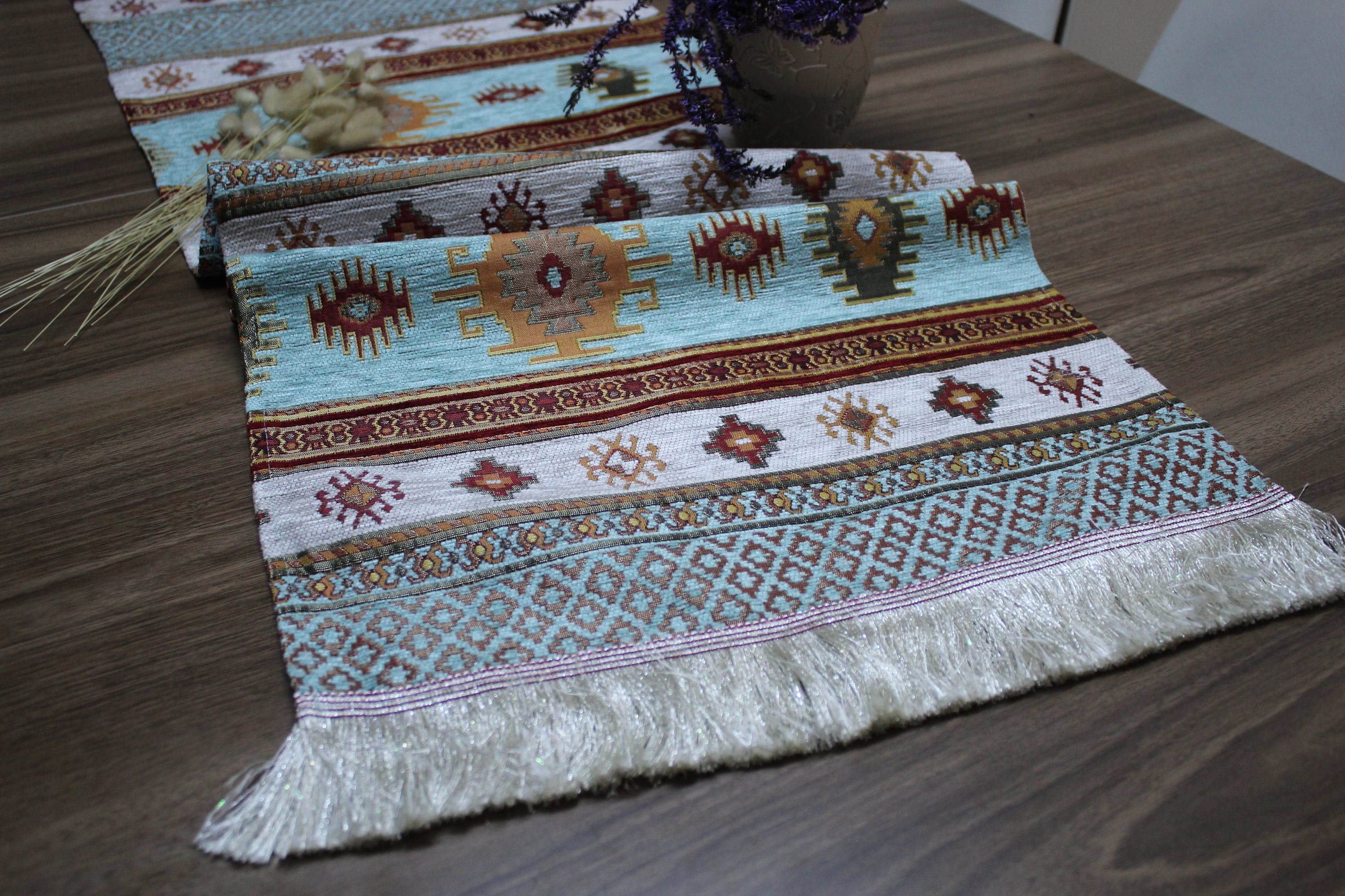 Turquoise Turkish  Table Cloth Runner, Boho Table Runner For Wedding, Kilim Design Table Runner, Ethnic Home Decor, Table Runner Long,RNR130 - image 4