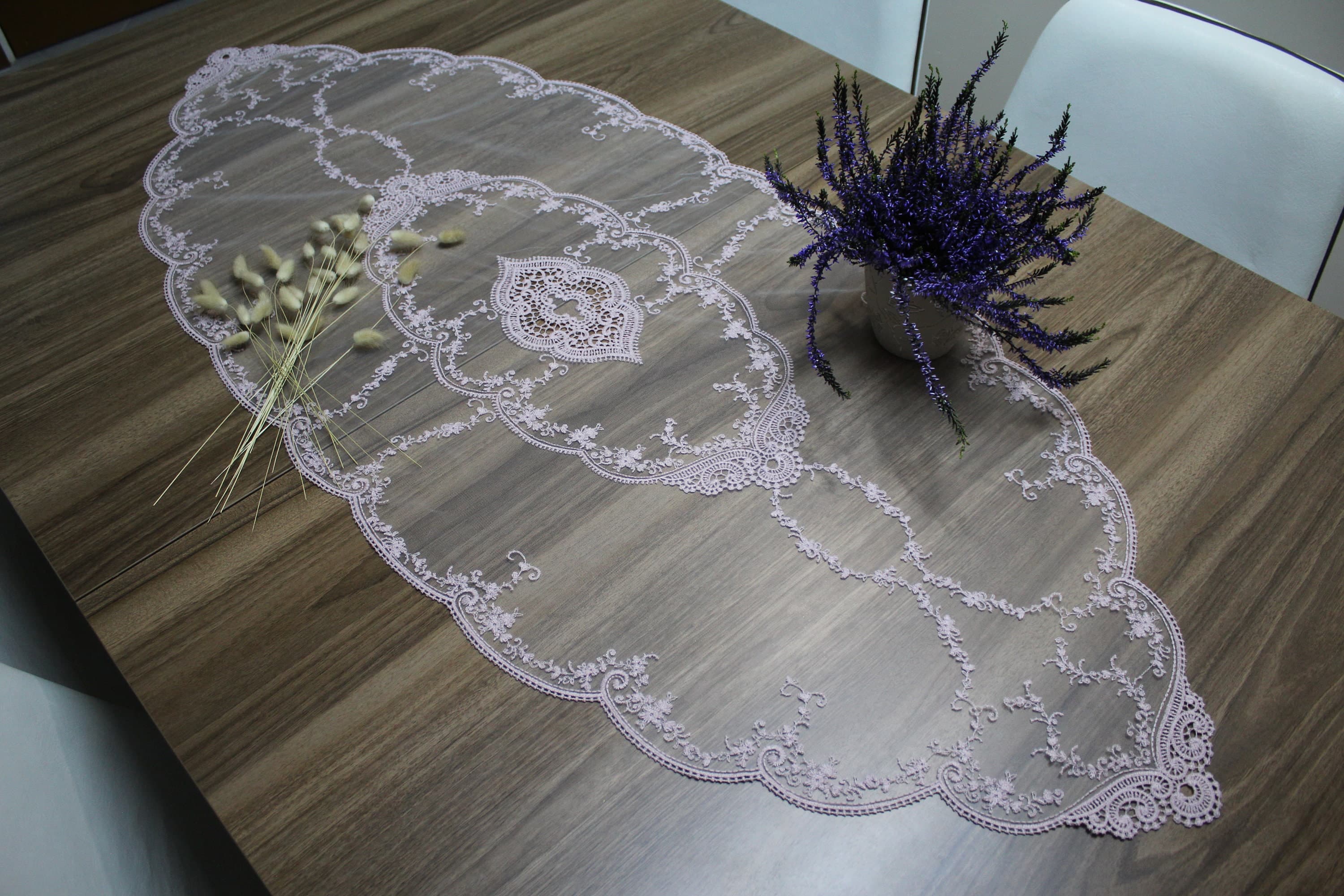 Light Pink French Lace Table Runner, Vintage Style French Tablecloth For Wedding Table, Linen Lace Runner Vintage, French Soft Lace,  LC108