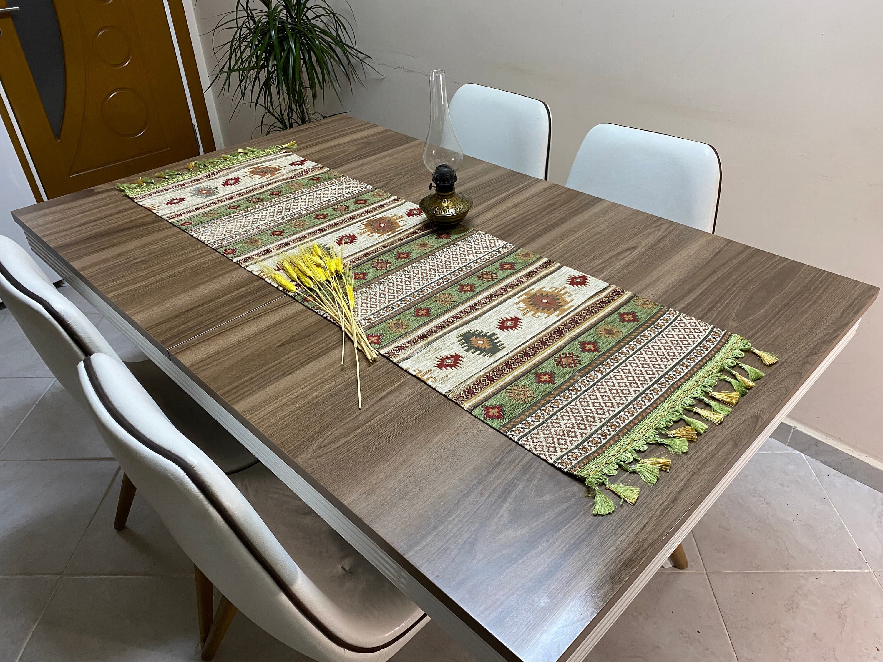 Green Kilim Pattern Turkish Coffee Table Cloth Runner,  Aztec Boho Wedding Oriental Table Runner, Cream Diner Table Runner, RNR277