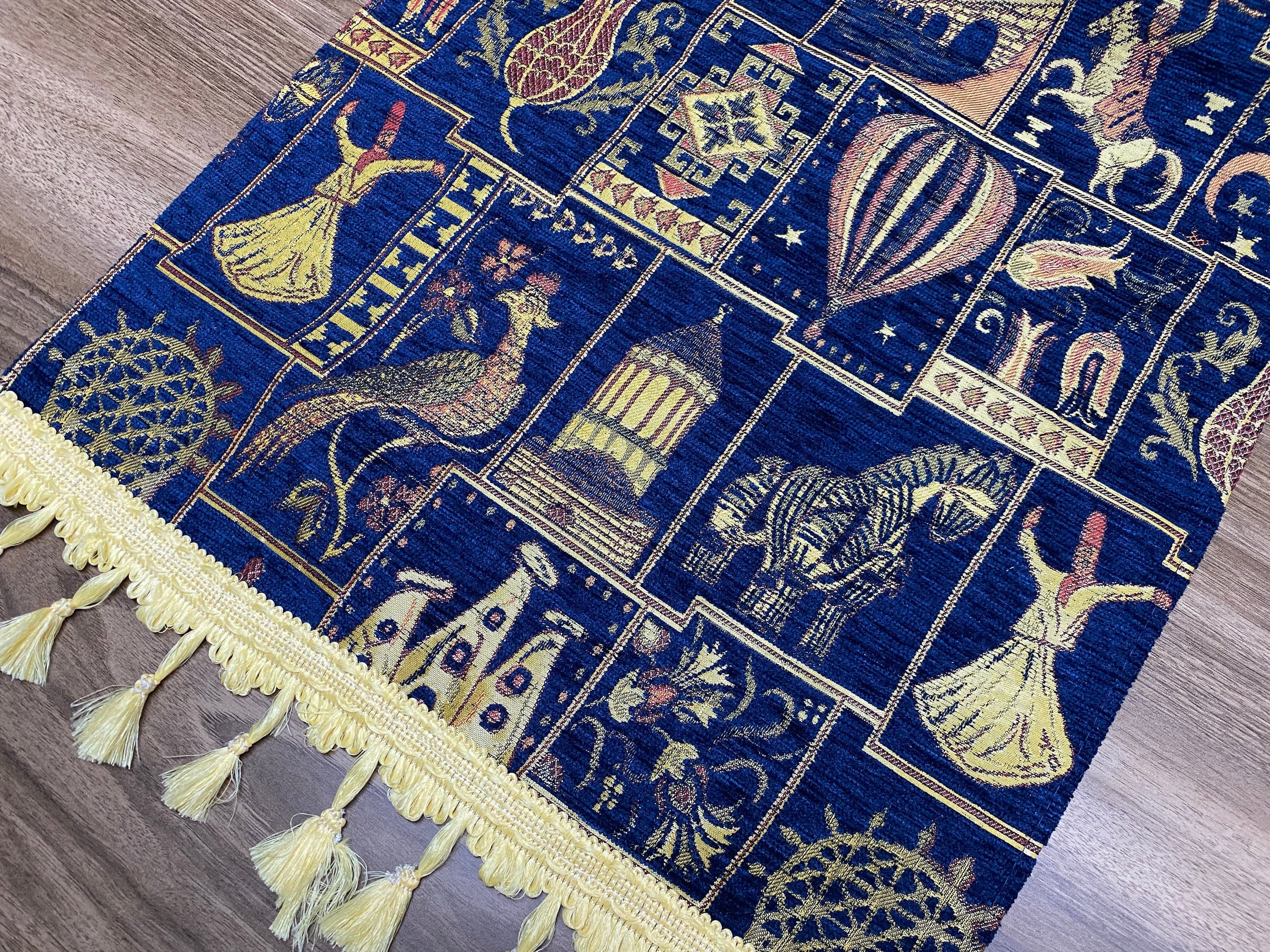 Dark Blue Tulip Pattern Turkish Table Runner, Long Boho Wedding Table Decor, Gray Cappadocia Farmhouse Rustic Table Runner, RNR377 - image 5