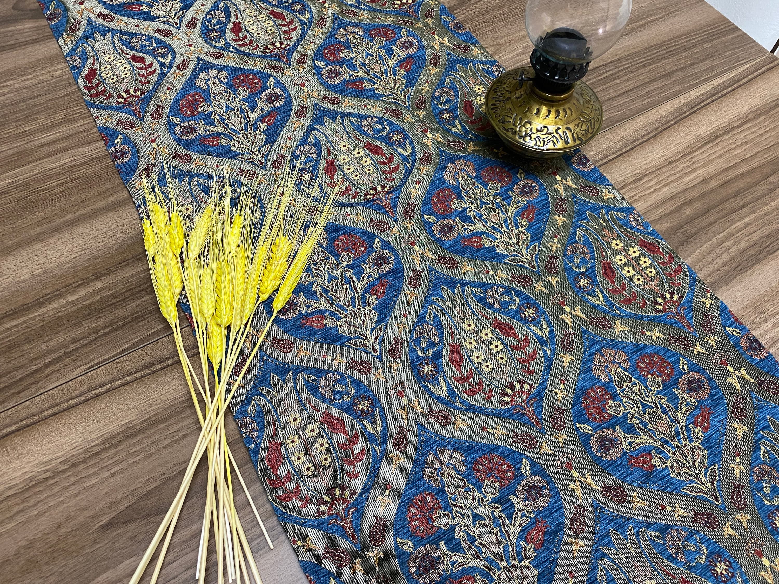 Blue Tulip Pattern Turkish Table Runner, Long Boho Wedding Table Decor, Red Carnation Farmhouse Rustic Table Runner, RNR371 - image 3