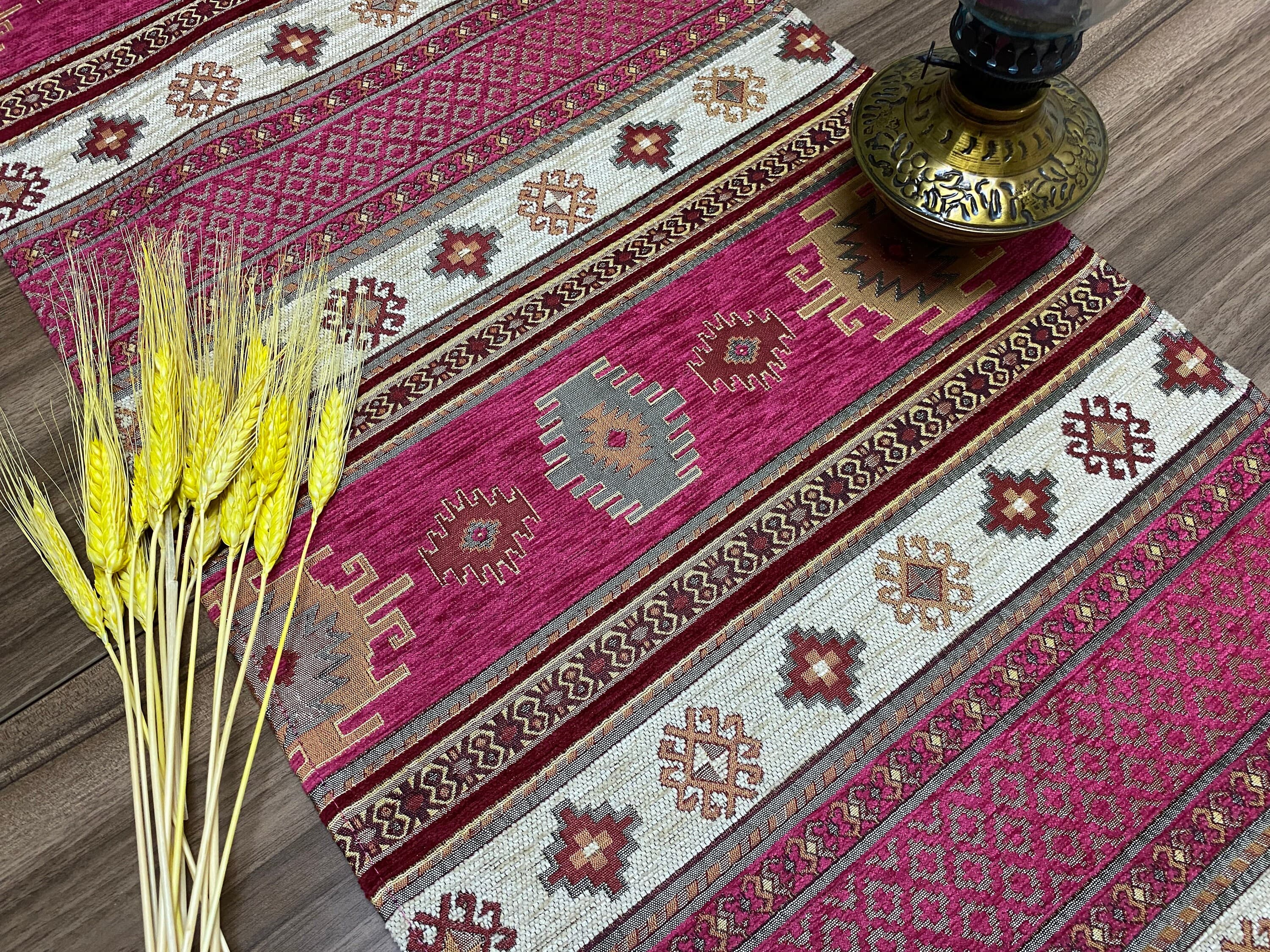 Fuchsia Kilim Pattern Turkish Coffee Table Cloth Runner,  Aztec Boho Wedding Oriental Table Runner, Cream Diner Table Runner, RNR280 - image 3