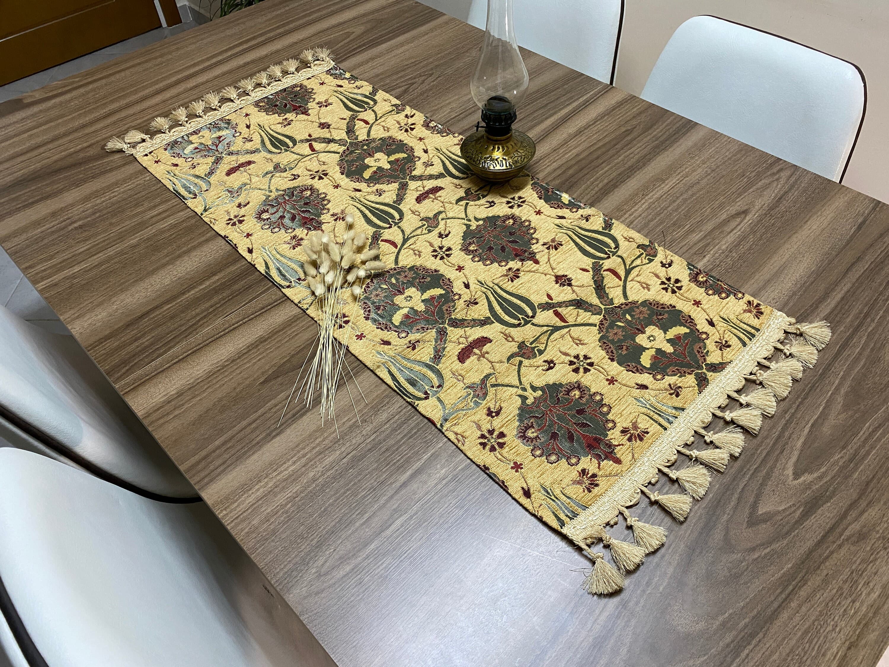 Mustard Tulip Pattern Mini Turkish Coffee Table Cloth Runner,  Home Boho Wedding Oriental Table Runner, Diner Table Runner, RNR331 - image 3