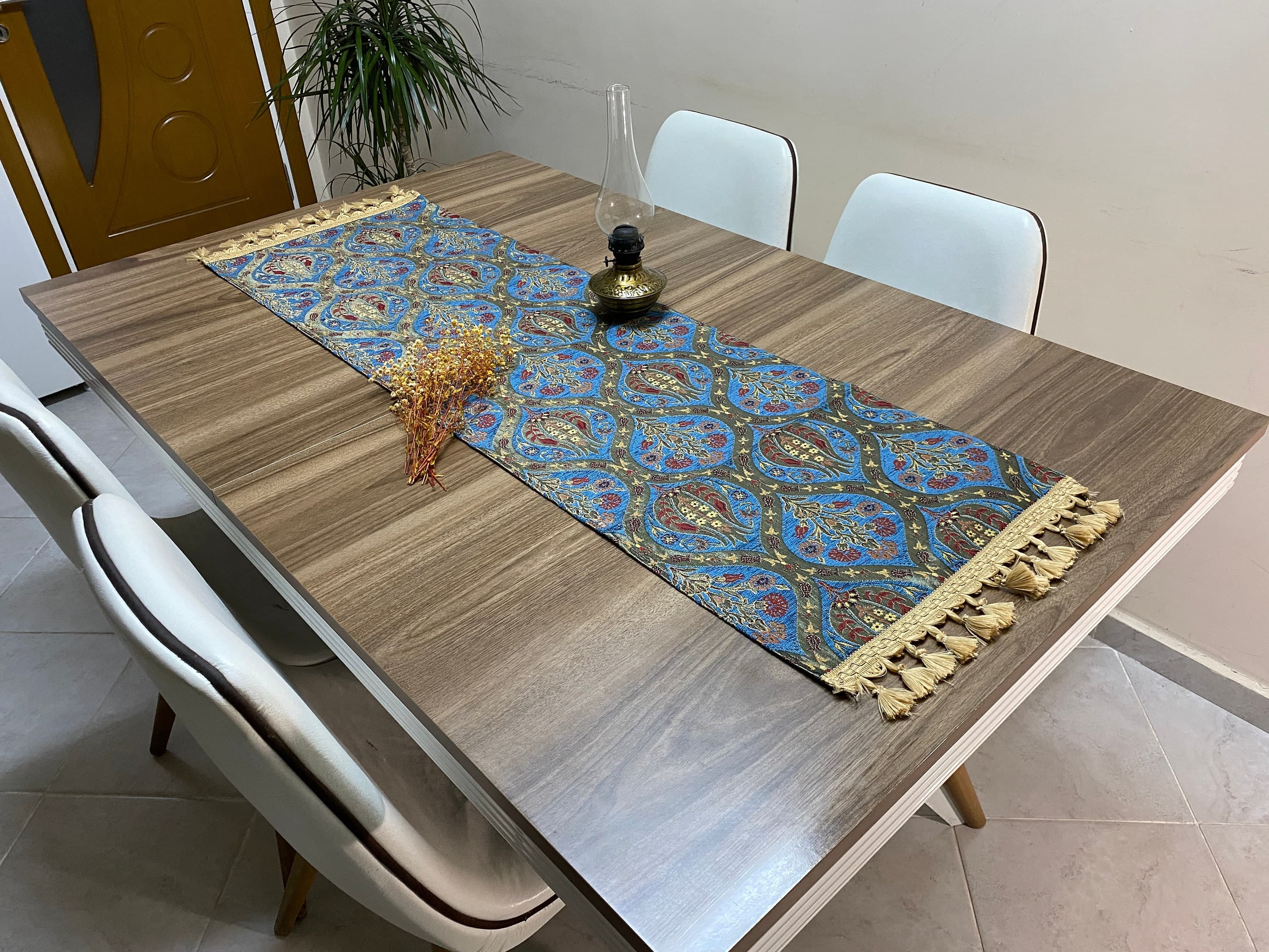 Blue Tulip Pattern Turkish Coffee Table Cloth Runner,  Carnation Boho Wedding Oriental Table Runner, Quality Diner Table Runner Cloth,RNR267