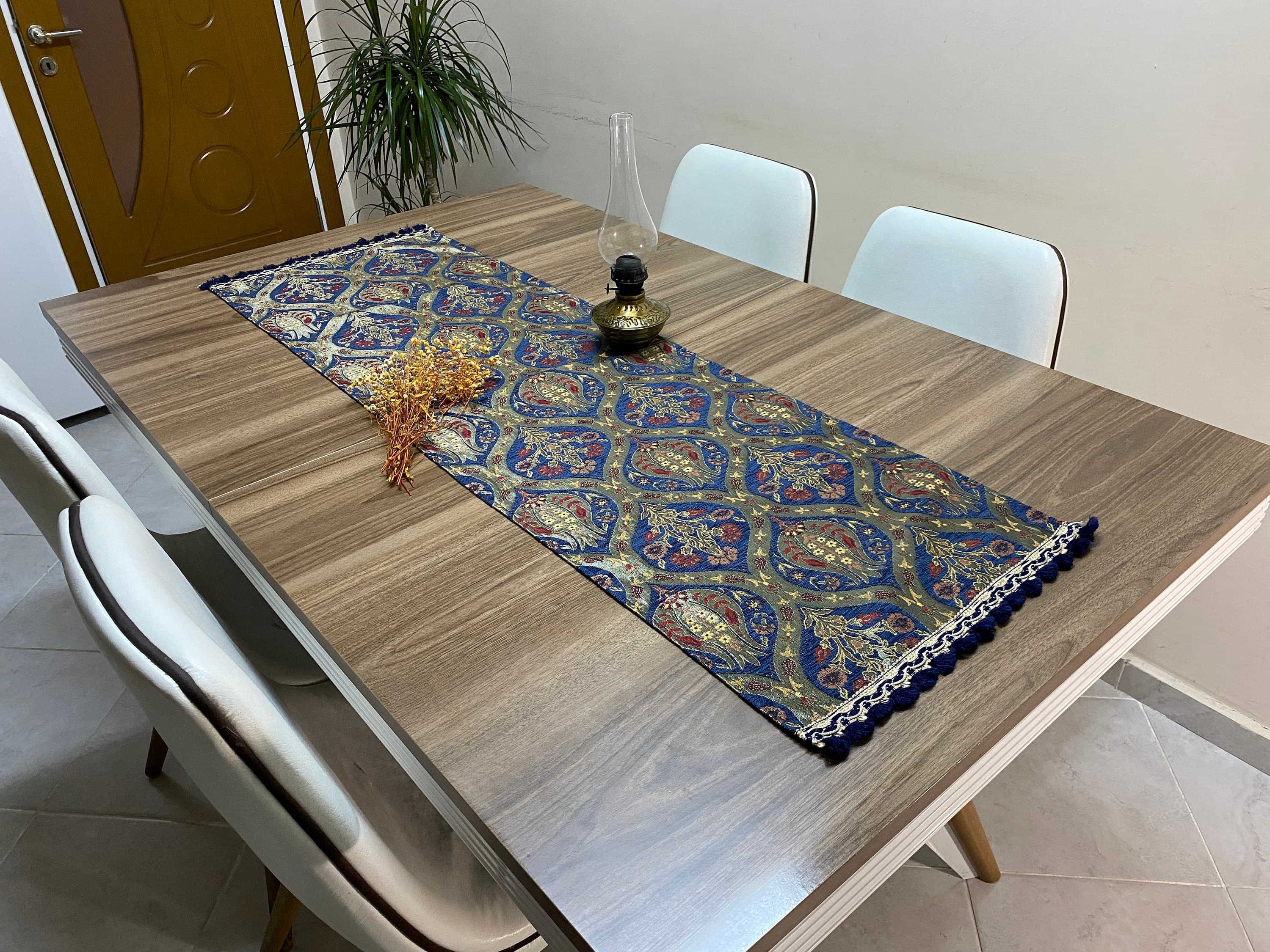 Dark Blue Tulip Pattern Turkish Coffee Table Cloth Runner,  Carnation Boho Wedding Oriental Table Runner, Diner Table Runner Cloth, RNR264