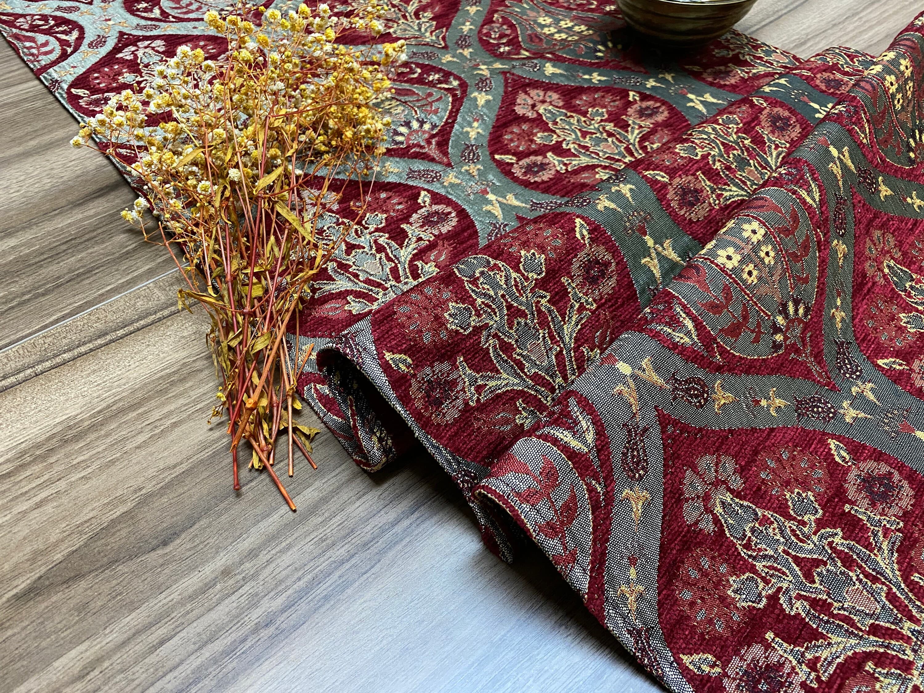 Burgundy Tulip Pattern Turkish Coffee Table Cloth Runner,  Carnation Boho Wedding Oriental Table Runner, Diner Table Runner Cloth, RNR261 - image 4