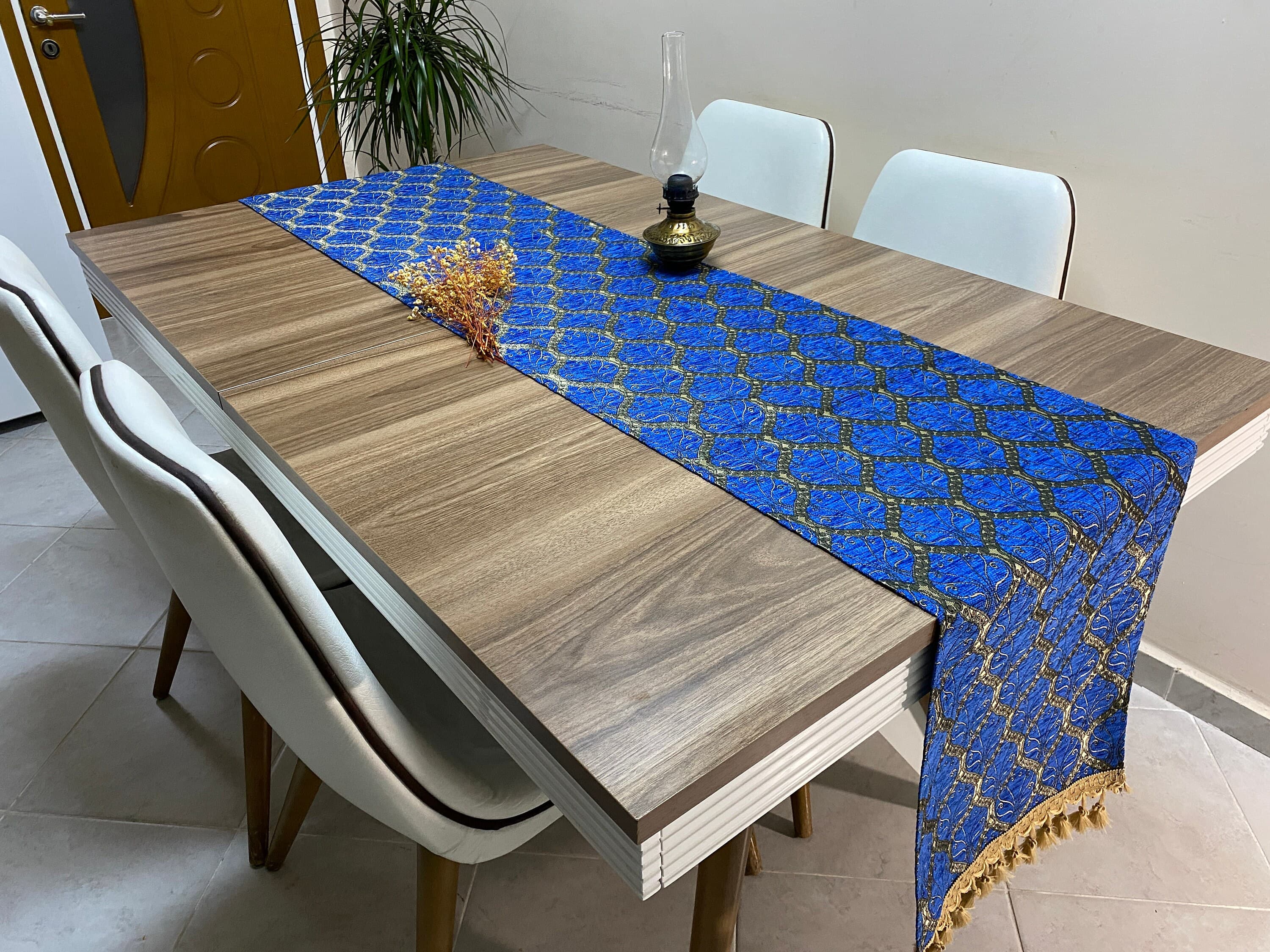 Vibrant Blue Peacock Tail Pattern Turkish Coffee Table Cloth Runner,Home Boho Wedding Oriental Table Runner, Gray Diner Table Runner, RNR421