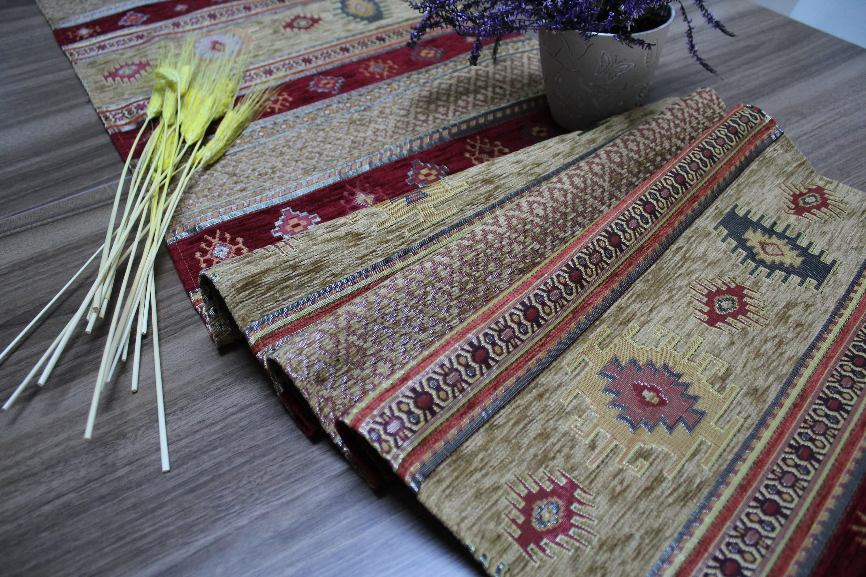 Mustard Turkish  Table Cloth Runner, Kilim Design  Aztec Boho Table Runner For Wedding, Burgundy Table Cover, Table Cloth,   RNR169 - image 4