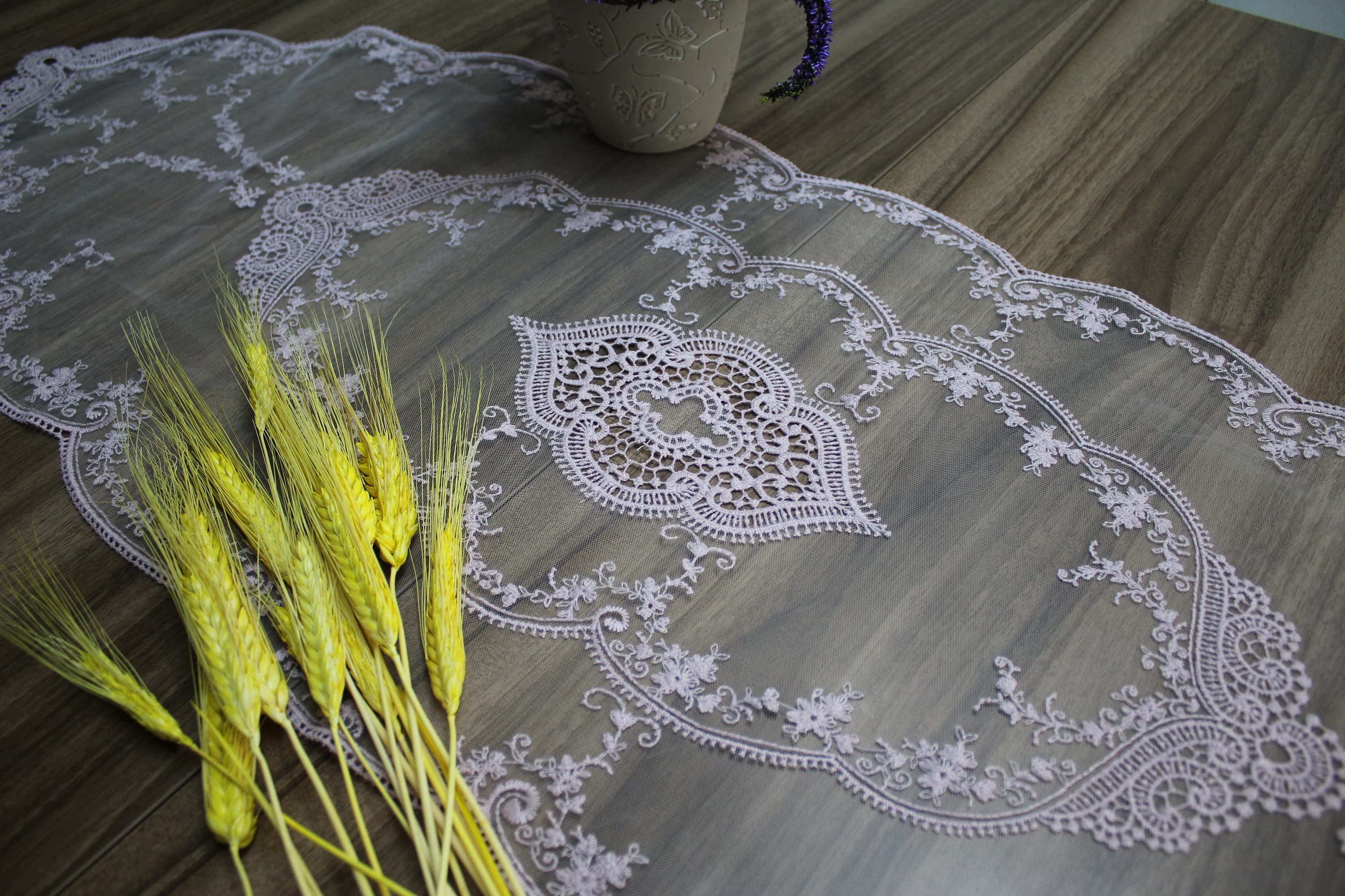 Pink French Lace Table Runner, Vintage Style French Tablecloth For Wedding Table, Linen Table Runner, Wedding Table Linens,      LC129 - image 3