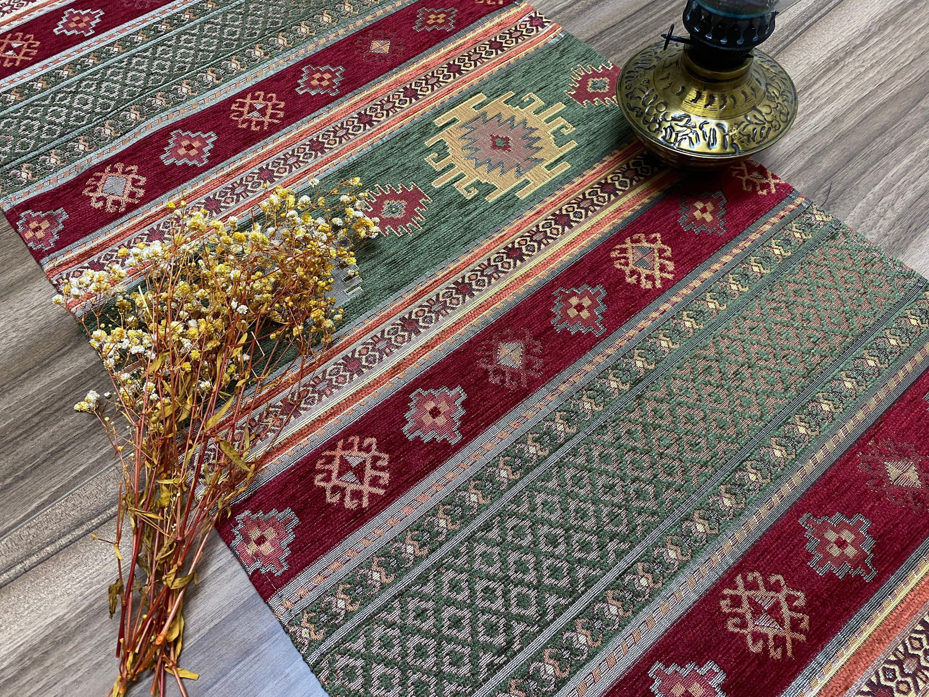 Burgundy Kilim Pattern Turkish Coffee Table Cloth Runner,  Aztec Boho Wedding Oriental Table Runner, Green Diner Table Runner, RNR275 - image 3