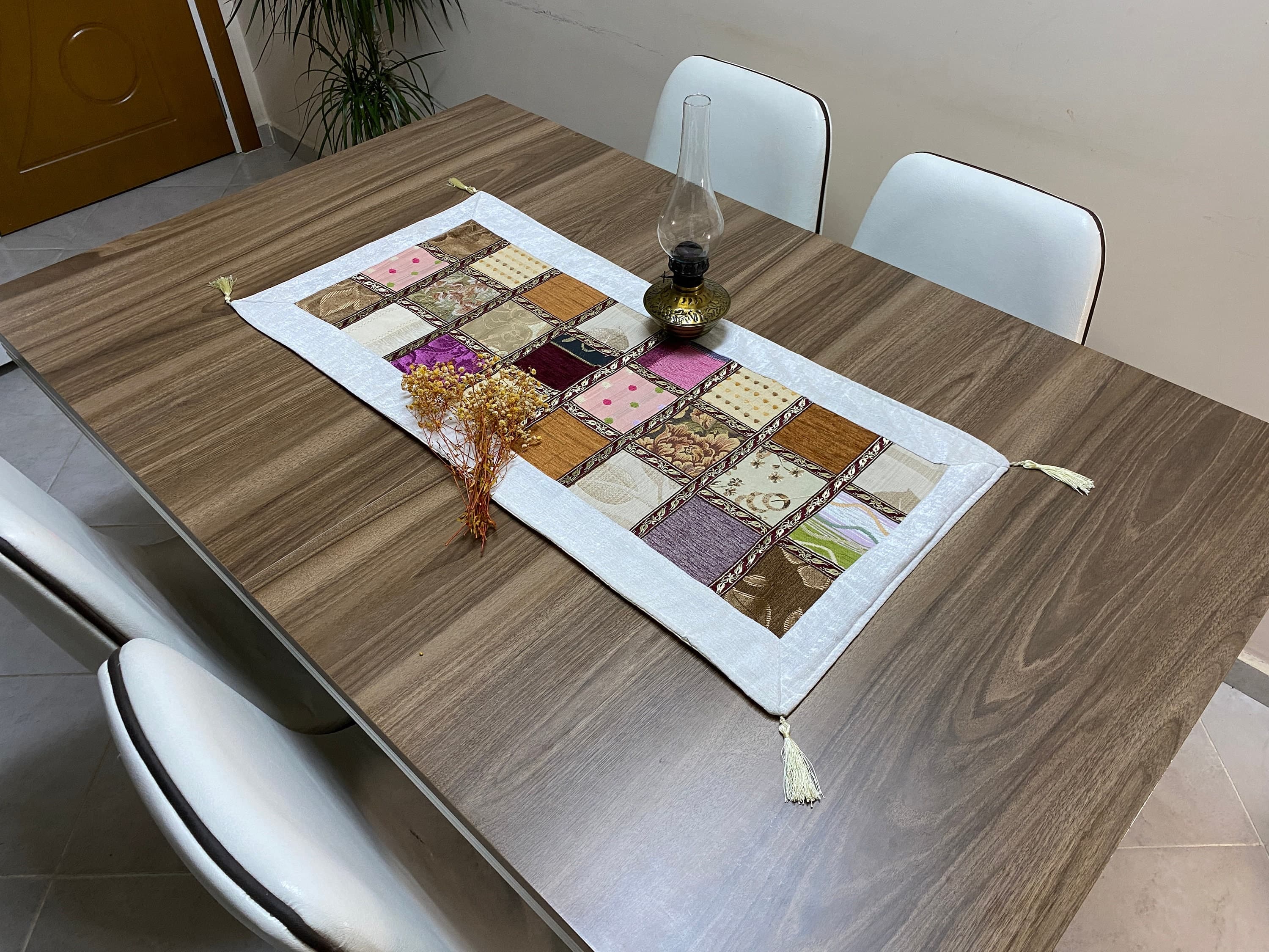 White Patchwork Pattern Turkish Coffee Table Cloth Runner, Small  Boho Wedding Oriental Table , Diner Table Runner, RNR353 - image 3