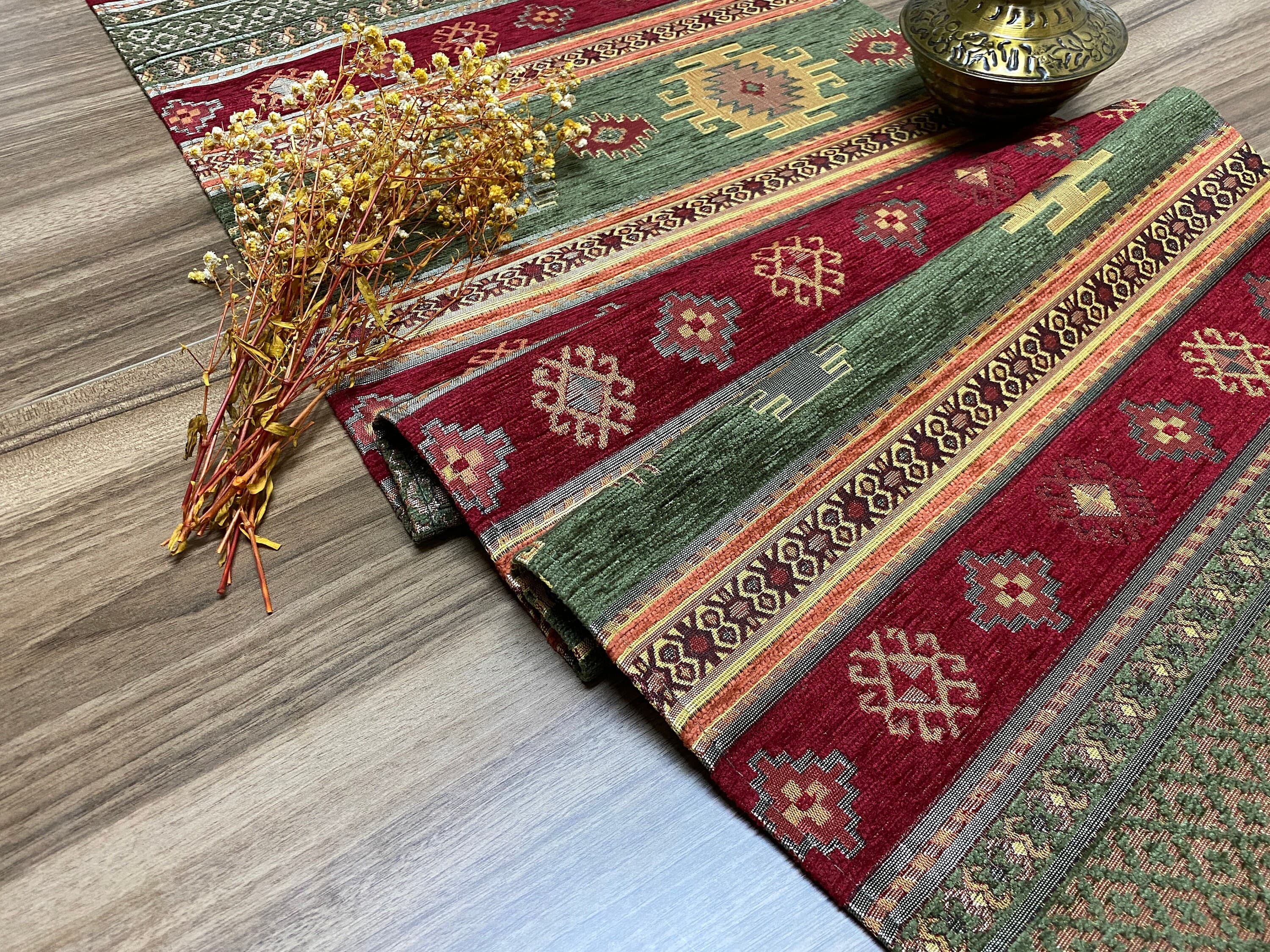 Burgundy Kilim Pattern Turkish Coffee Table Cloth Runner,  Aztec Boho Wedding Oriental Table Runner, Green Diner Table Runner, RNR275 - image 4