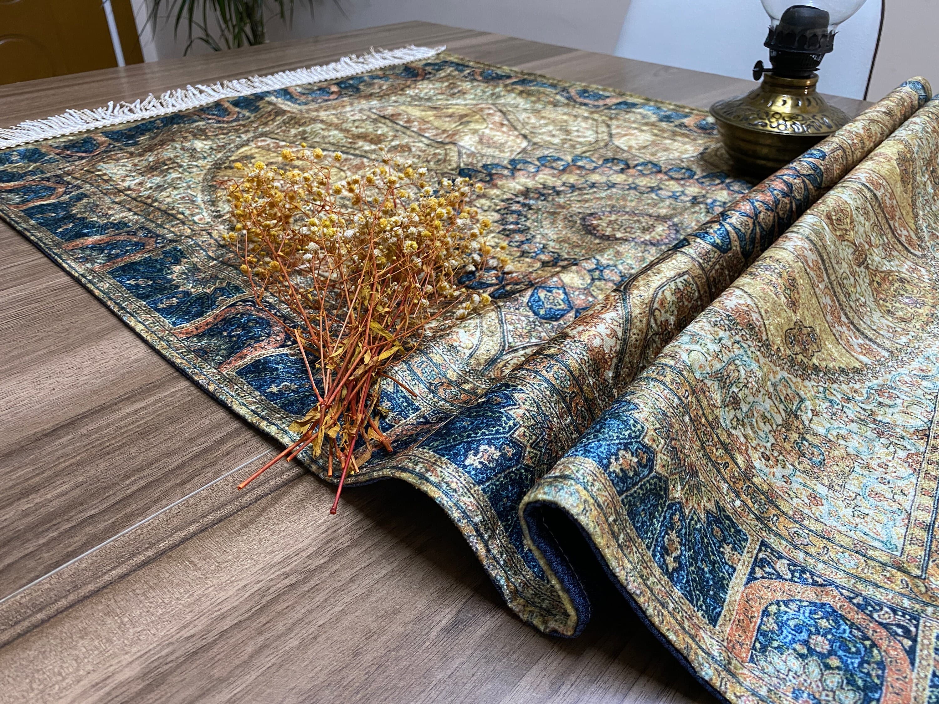 Yellow Islamic Unique Muslim Prayer Mat, Wedding Gift, Green Boho Wall Decoration, Oriental Table , Diner Table Runner, RNR359 - image 4