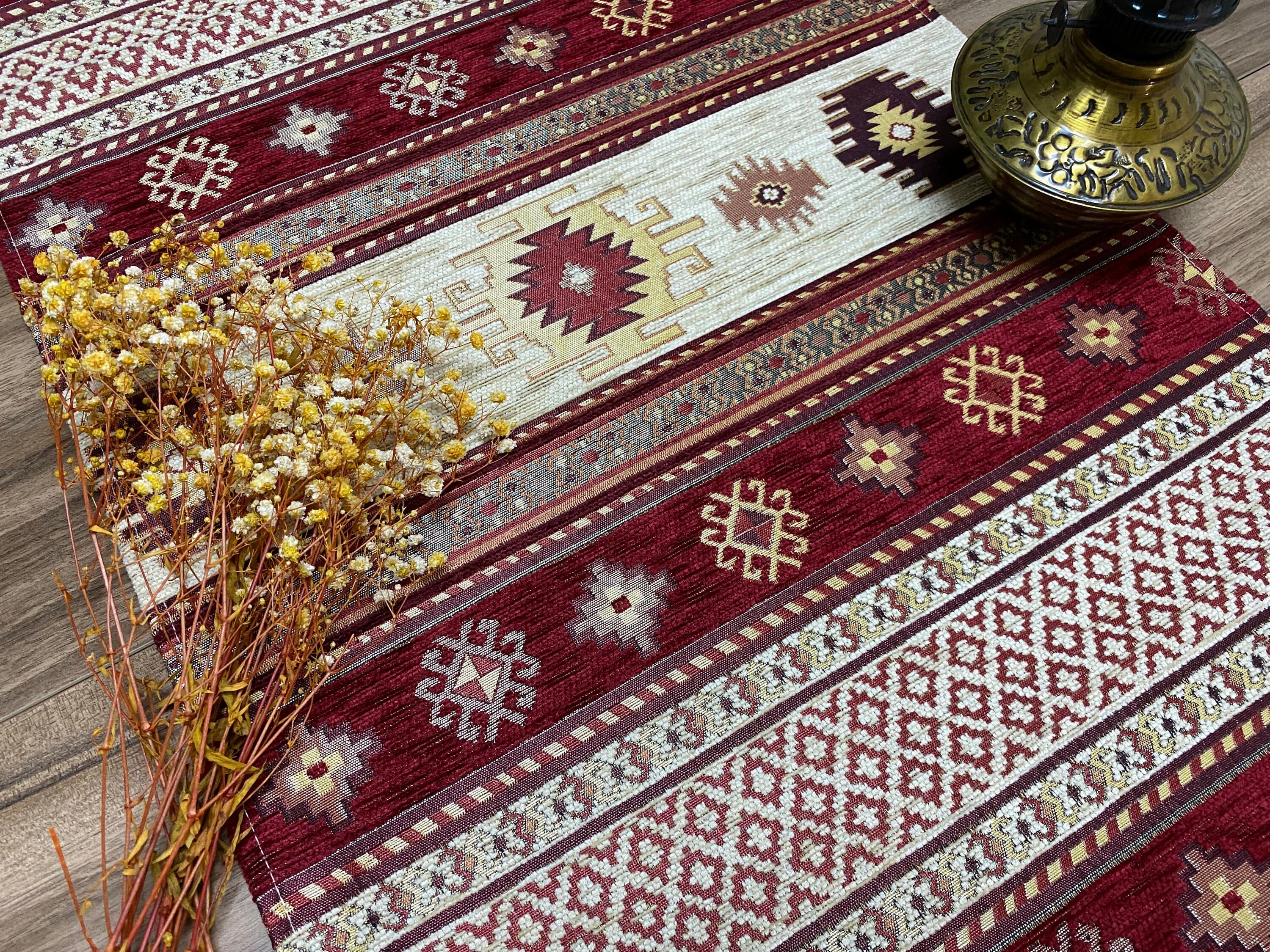 Burgundy Kilim Pattern Turkish Coffee Table Cloth Runner, Actec Small Home Boho Wedding Oriental Table Runner, Diner Table Runner, RNR345 - image 4