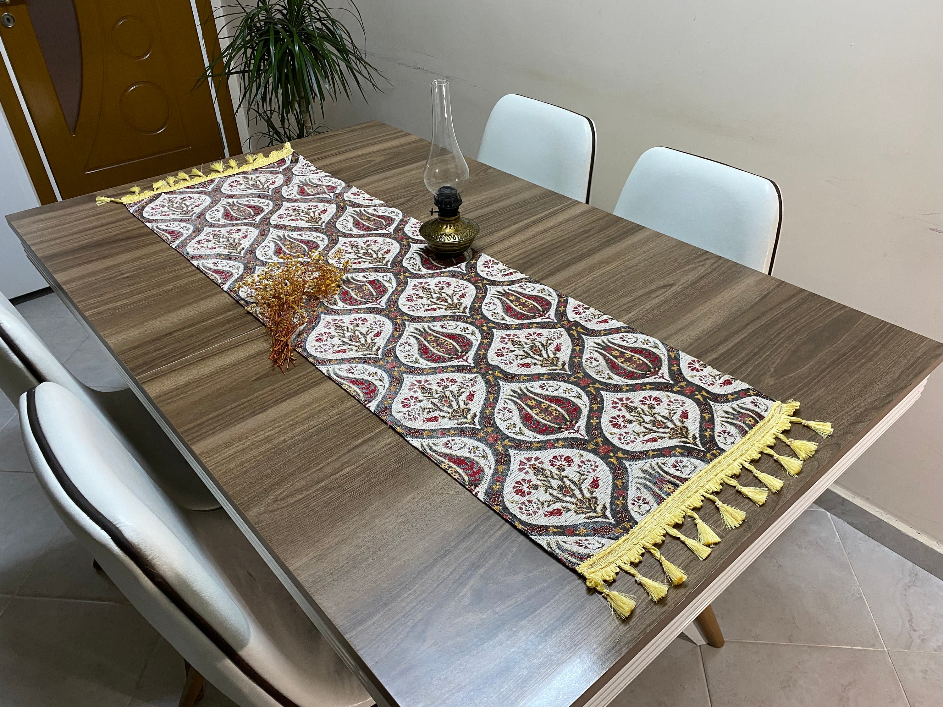 Cream Tulip Pattern Turkish Coffee Table Cloth Runner, Carnation Boho Wedding Oriental Table Runner, Diner Table Runner Cloth, RNR263