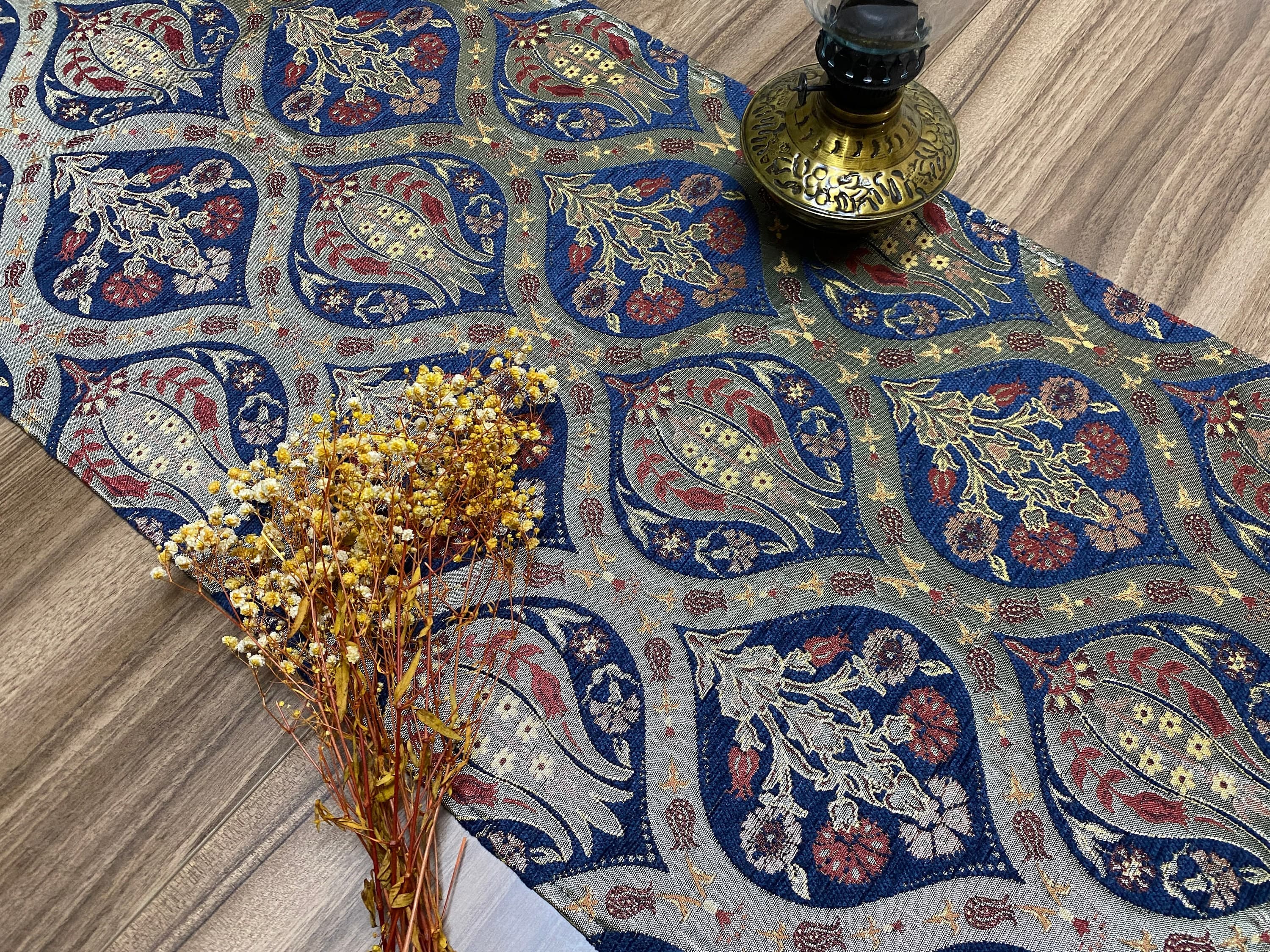 Dark Blue Tulip Pattern Turkish Coffee Table Cloth Runner,  Carnation Boho Wedding Oriental Table Runner, Diner Table Runner Cloth, RNR264 - image 3