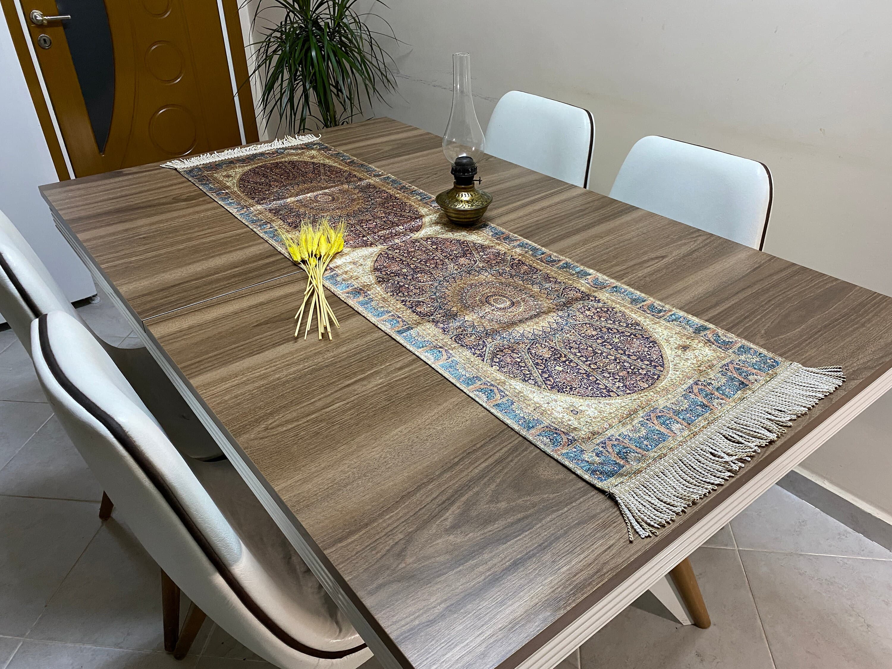 Green Mosaic Medallion Turkish Table Runner, Long Boho Wedding Table Decor, Farmhouse Rustic Table Runner, RNR362