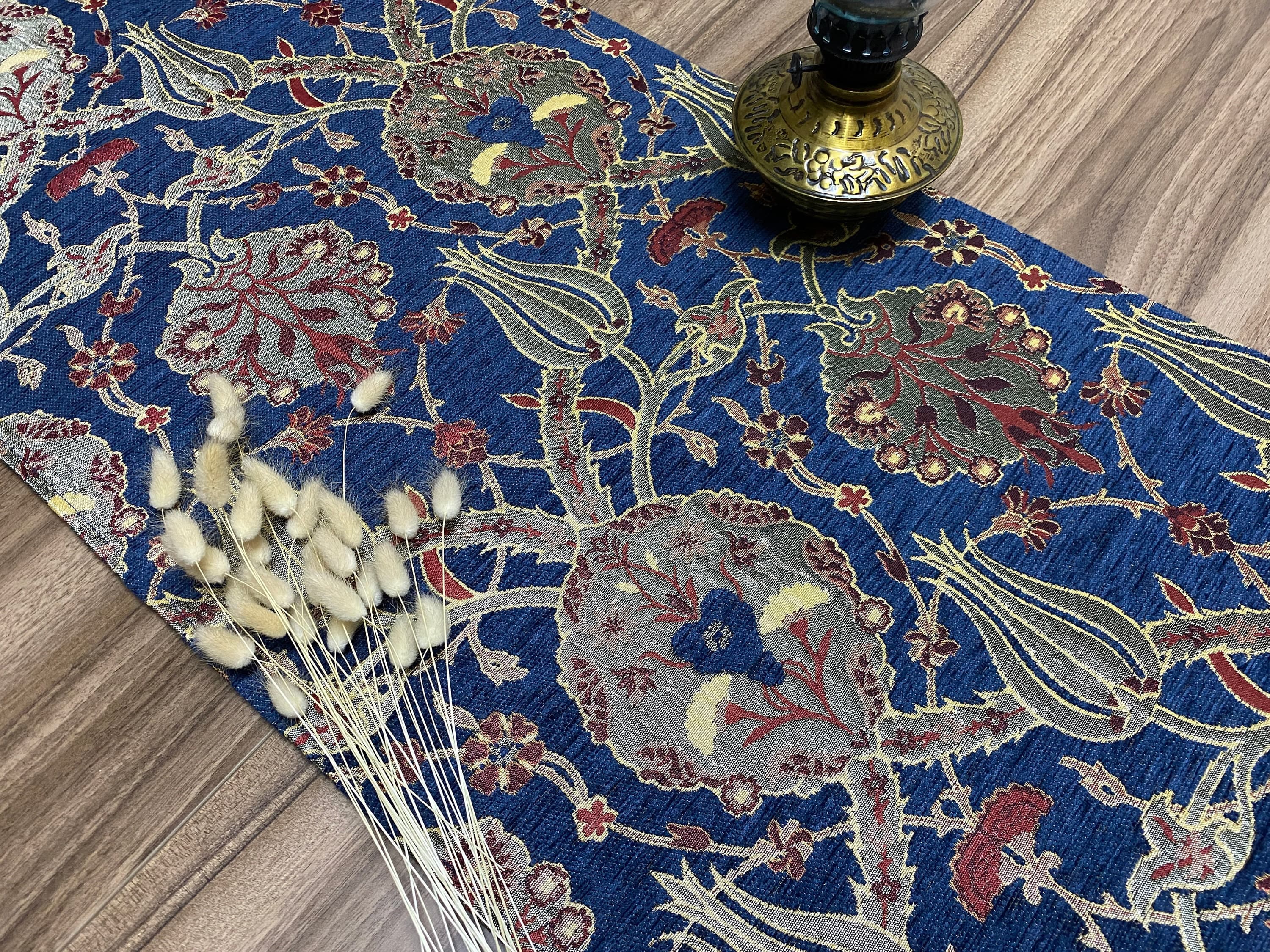 Dark Blue Turkish Coffee Table Cloth Runner, Tulip Floral Turkish Table Runner, Quality Feel Fabric, Diner Table Runner,   RNR237 - image 3