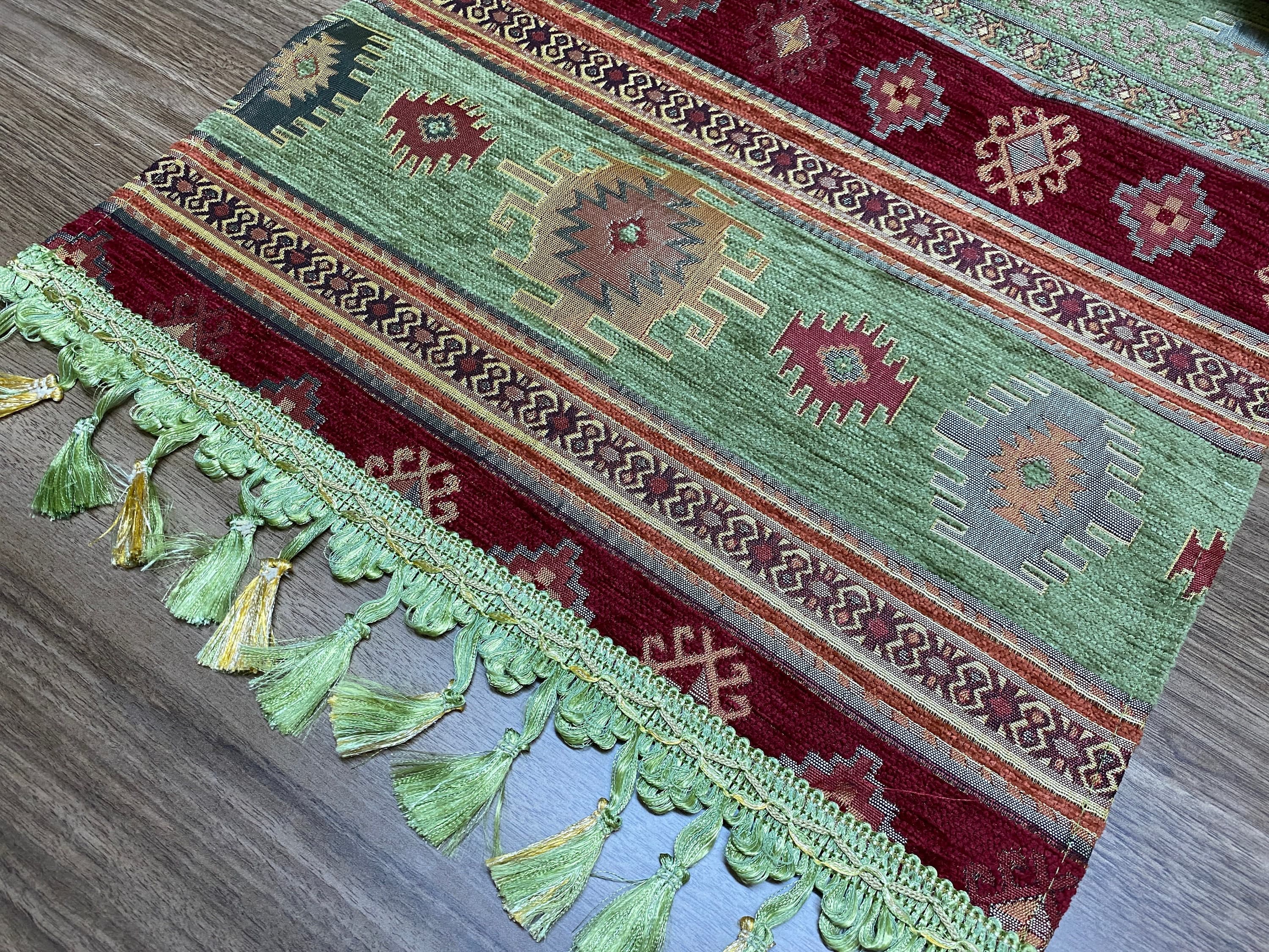 Burgundy Kilim Pattern Turkish Coffee Table Cloth Runner,  Aztec Boho Wedding Oriental Table Runner, Green Diner Table Runner, RNR279 - image 5