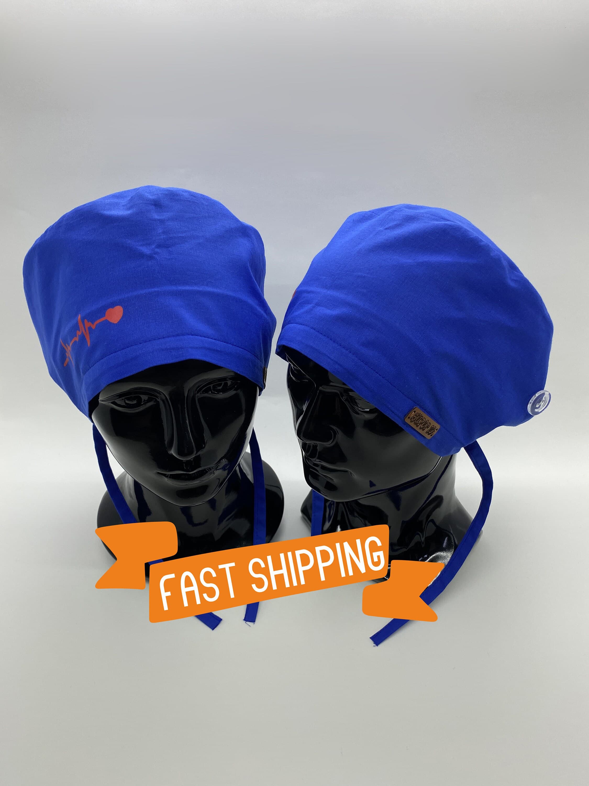 Blue Surgical Scrub Cap Hat with Buttons Bouffant, Surgical Hat for Women with Long Hair, Electrocardiogram Print Cotton Scrub Cap,  HAT200 - image 3
