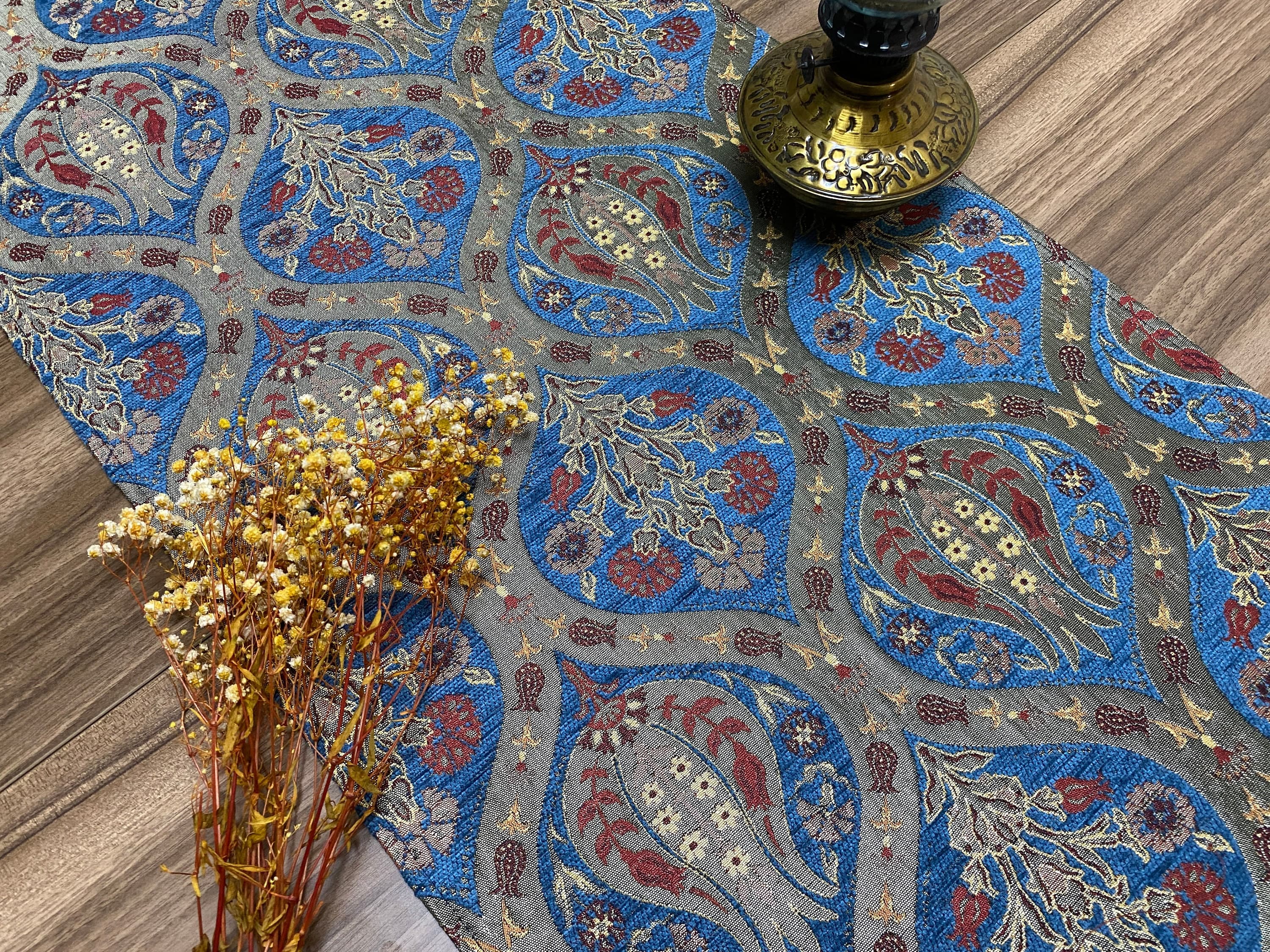 Blue Tulip Pattern Turkish Coffee Table Cloth Runner,  Carnation Boho Wedding Oriental Table Runner, Quality Diner Table Runner Cloth,RNR267 - image 3