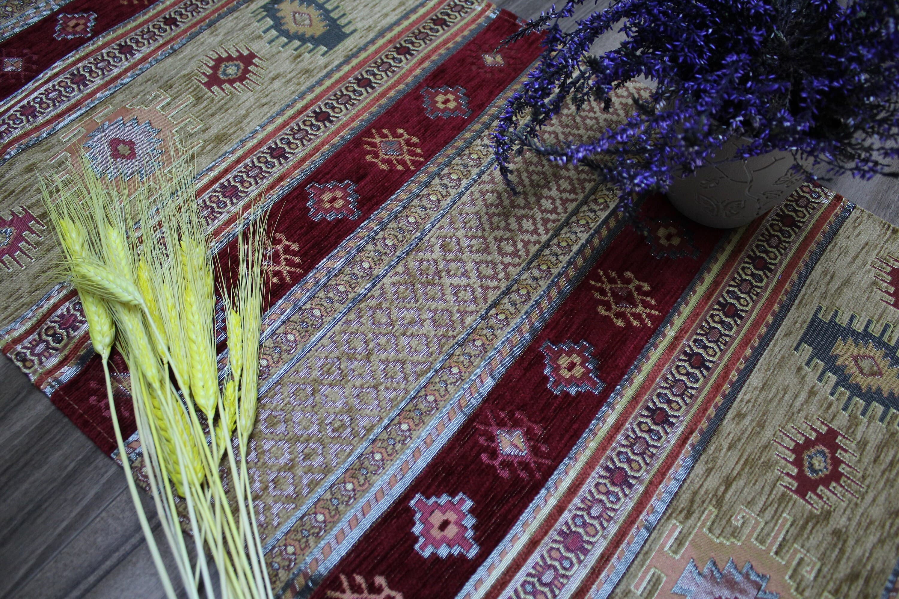 Mustard Turkish  Table Cloth Runner, Kilim Design  Aztec Boho Table Runner For Wedding, Burgundy Table Cover, Table Cloth,   RNR169 - image 3