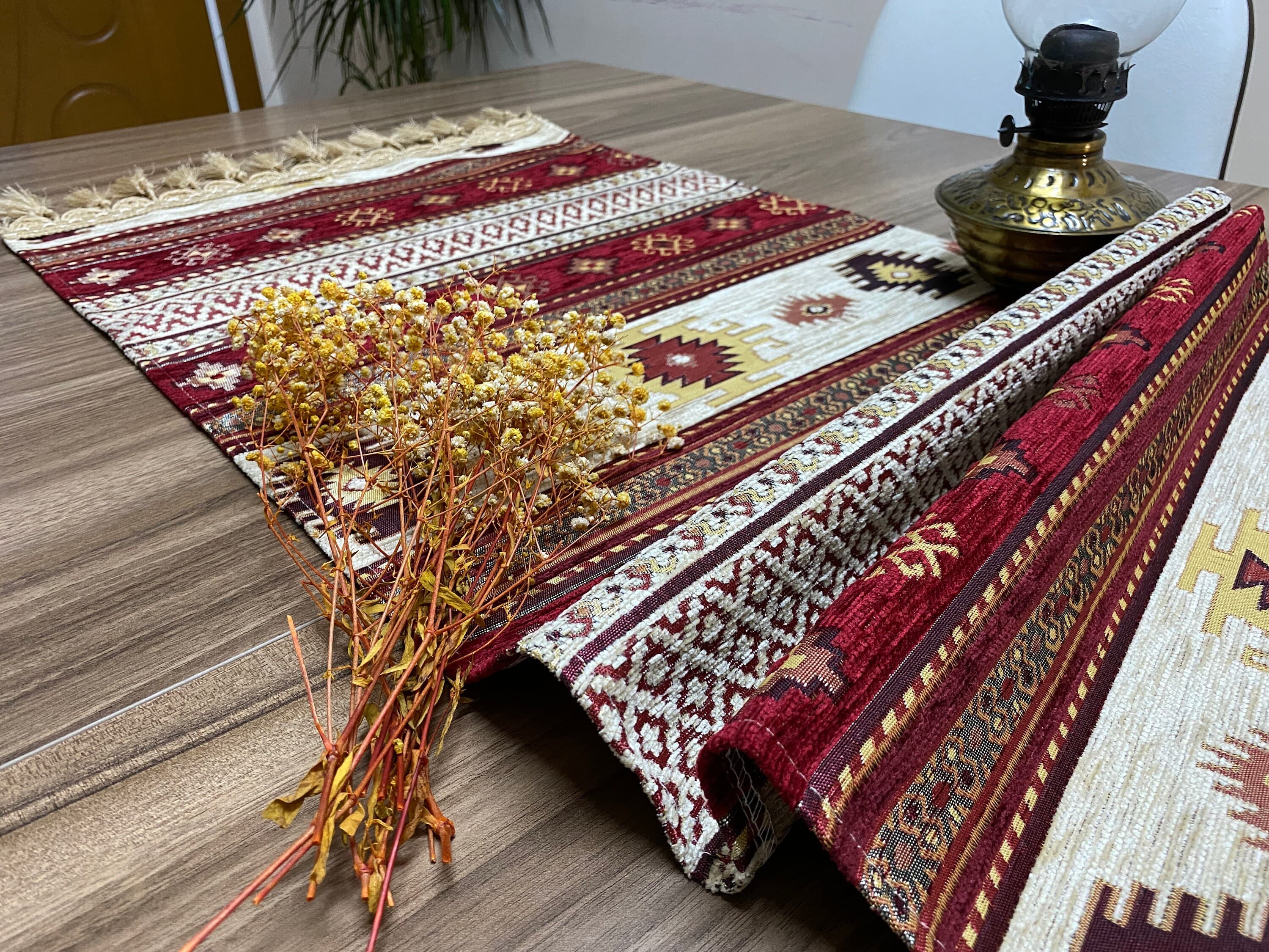 Burgundy Kilim Pattern Turkish Coffee Table Cloth Runner, Actec Small Home Boho Wedding Oriental Table Runner, Diner Table Runner, RNR345 - image 5