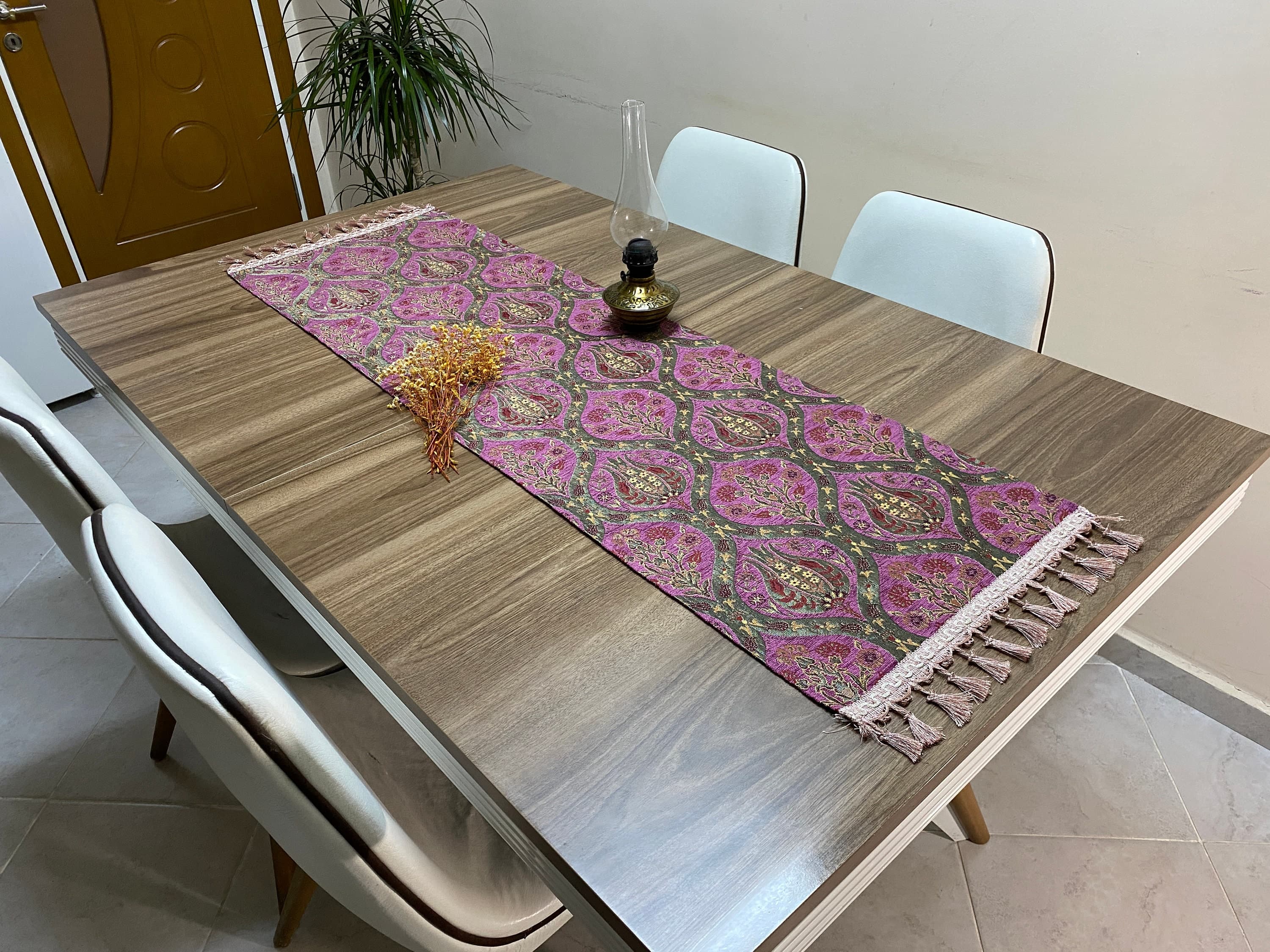 Fuchsia Tulip Pattern Turkish Coffee Table Cloth Runner,  Carnation Boho Wedding Oriental Table Runner, Diner Table Runner Cloth, RNR257