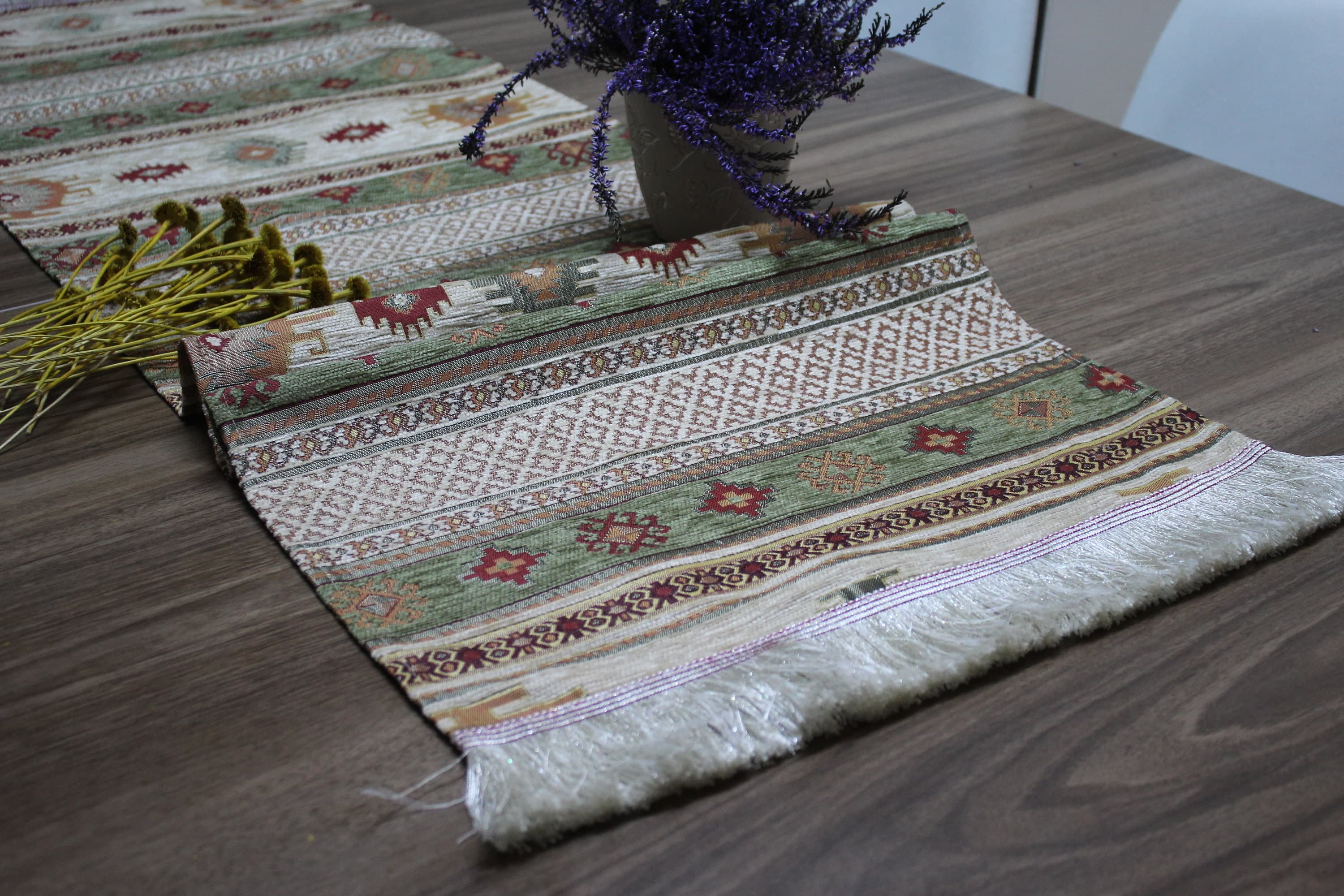 Khaki Turkish  Table Cloth Runner, Cream Boho Table Runner For Wedding, Kilim Design Table Runner, Home Decor, Khaki Home Decor,  RNR138 - image 4