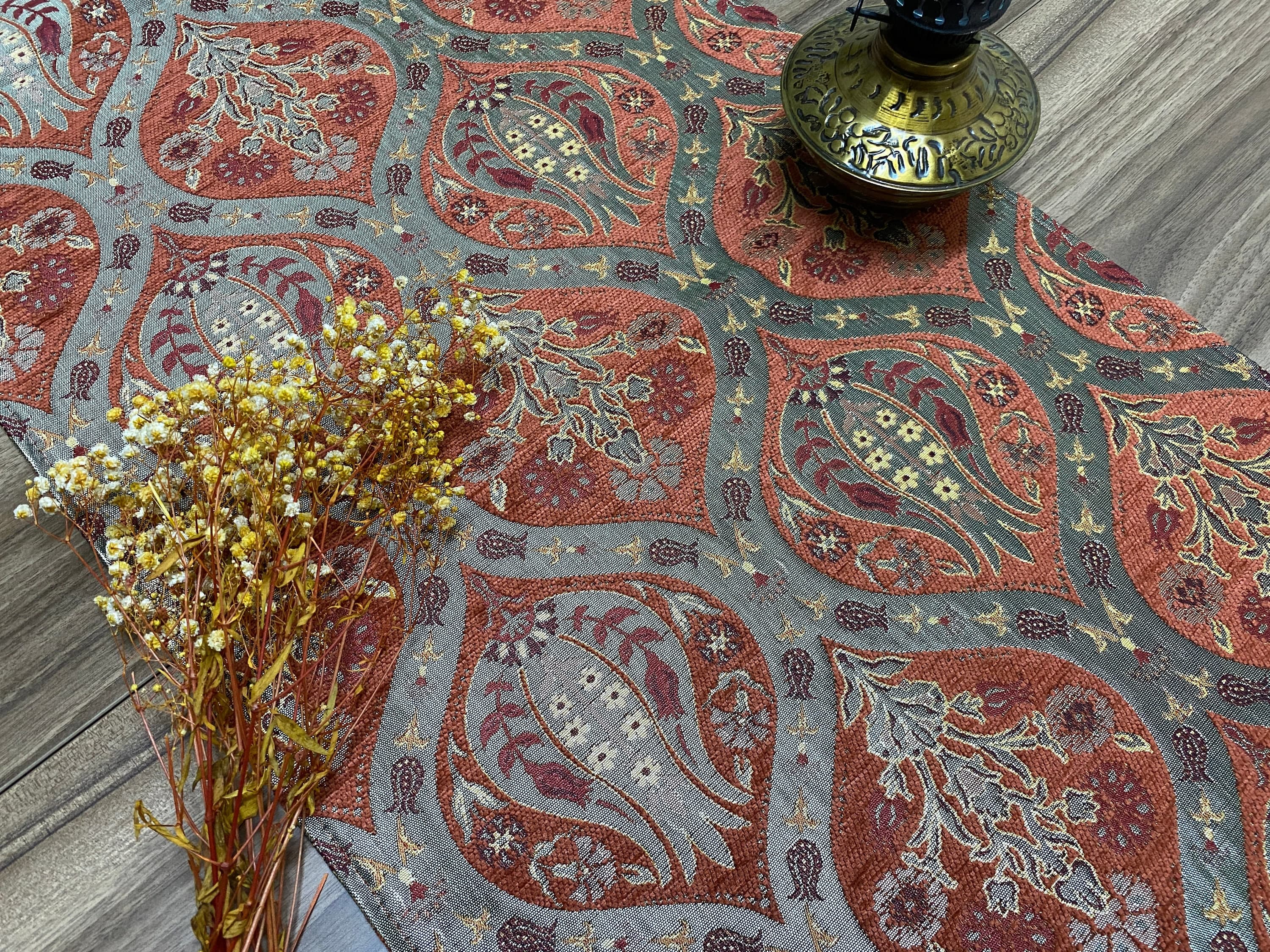 Terracotta Tulip Pattern Turkish Coffee Table Cloth Runner,  Carnation Boho Wedding Oriental Table Runner, Diner Table Runner Cloth, RNR262 - image 3
