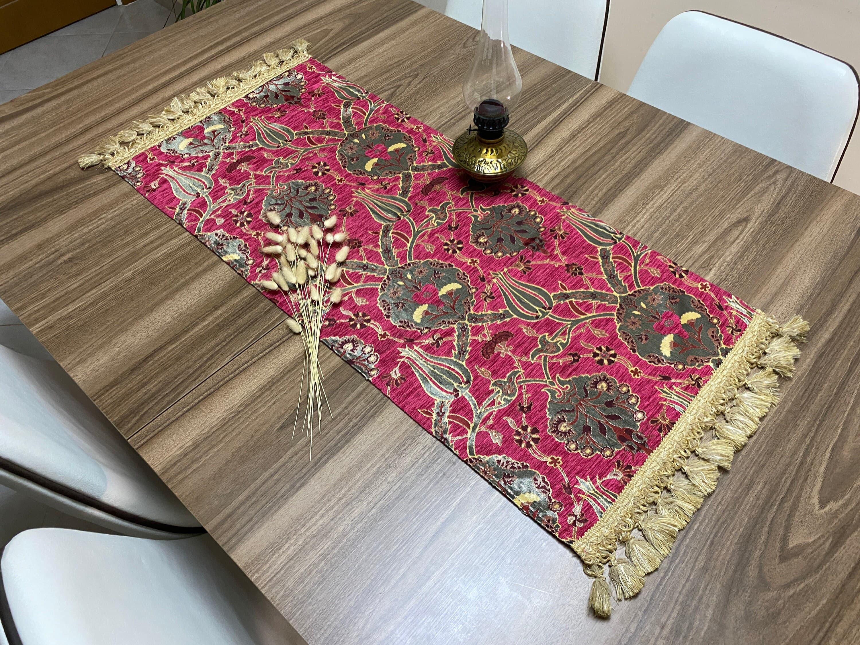 Fuchsia Tulip Pattern Mini Turkish Coffee Table Cloth Runner,  Home Boho Wedding Oriental Table Runner, Diner Table Runner, RNR327 - image 3