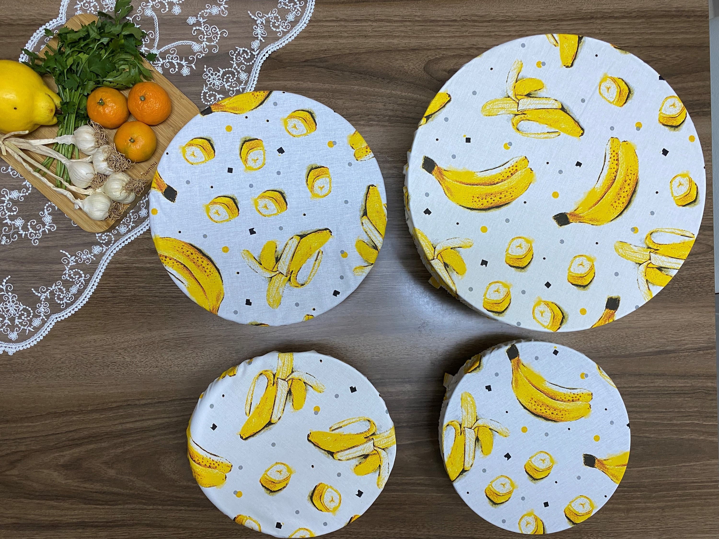 Set Of 4 Adjustable Dish and Bowl Cover,Banana Print, Eco-Friendly Bowl Cover,Reusable Zero Waste Cotton Cover, BC143-SET