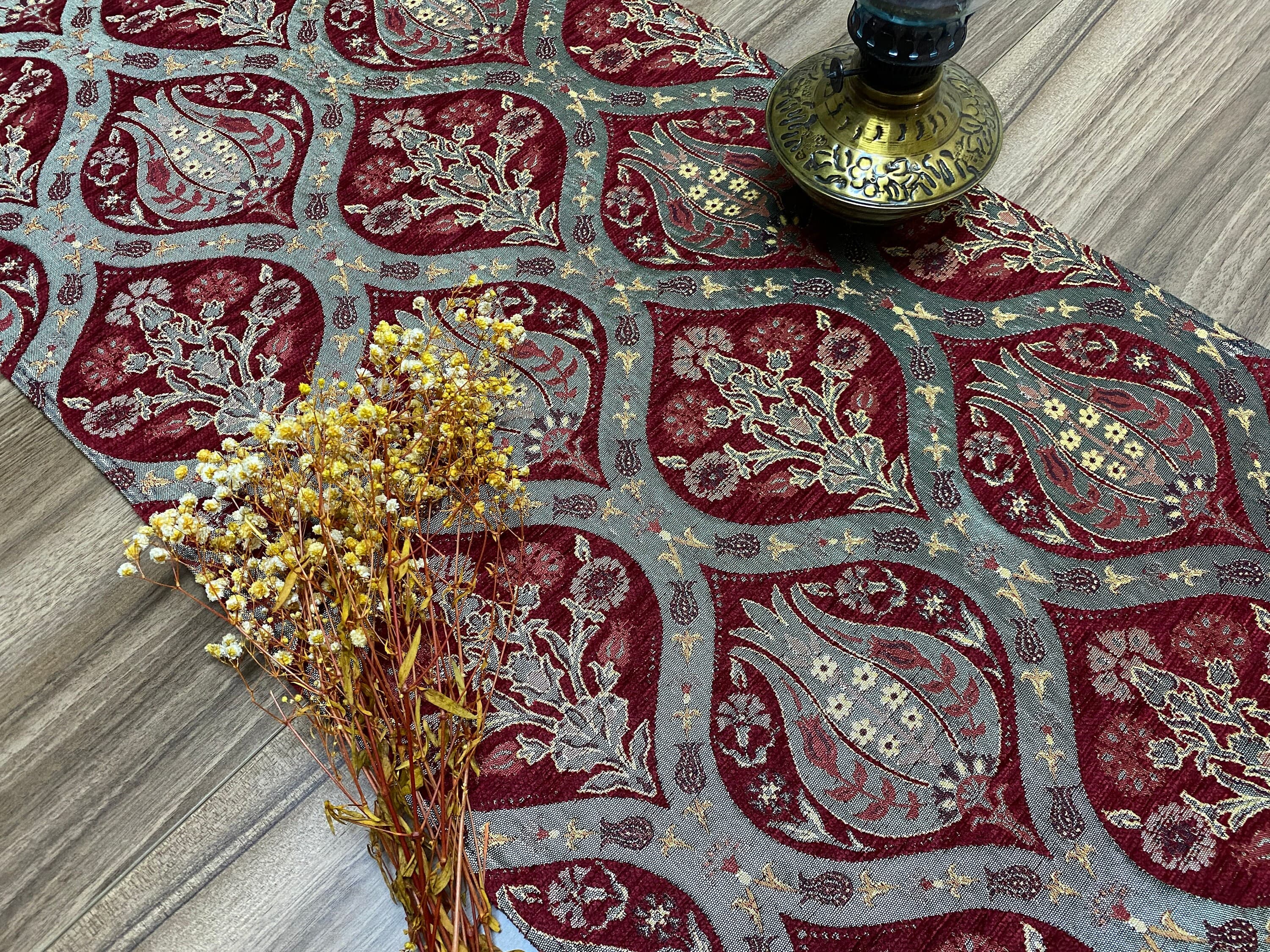 Burgundy Tulip Pattern Turkish Coffee Table Cloth Runner,  Carnation Boho Wedding Oriental Table Runner, Diner Table Runner Cloth, RNR261 - image 3