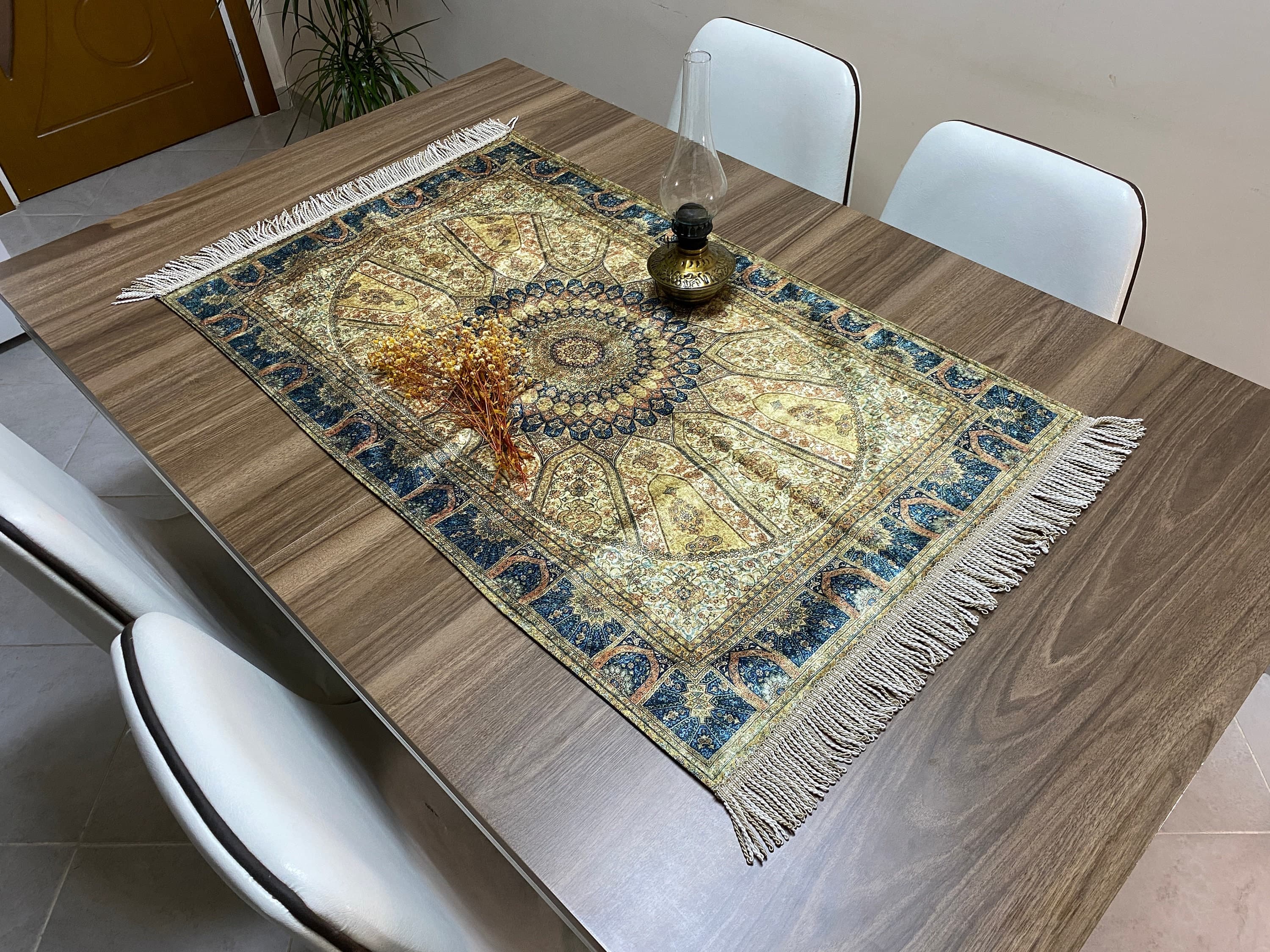 Yellow Islamic Unique Muslim Prayer Mat, Wedding Gift, Green Boho Wall Decoration, Oriental Table , Diner Table Runner, RNR359