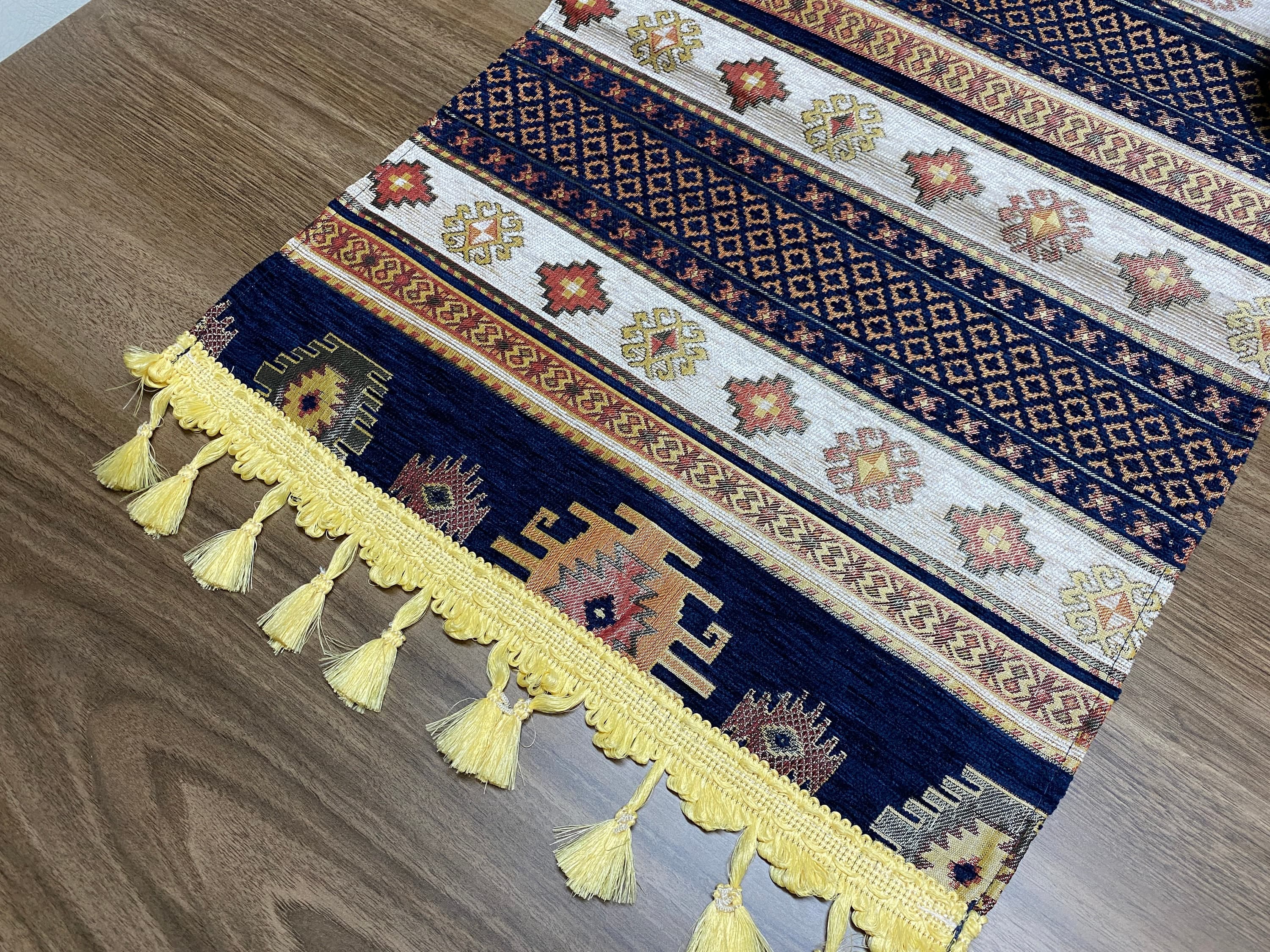 Dark Blue Kilim Pattern Turkish Coffee Table Cloth Runner,  Aztec Boho Wedding Oriental Table Runner, Cream Diner Table Runner, RNR286 - image 5