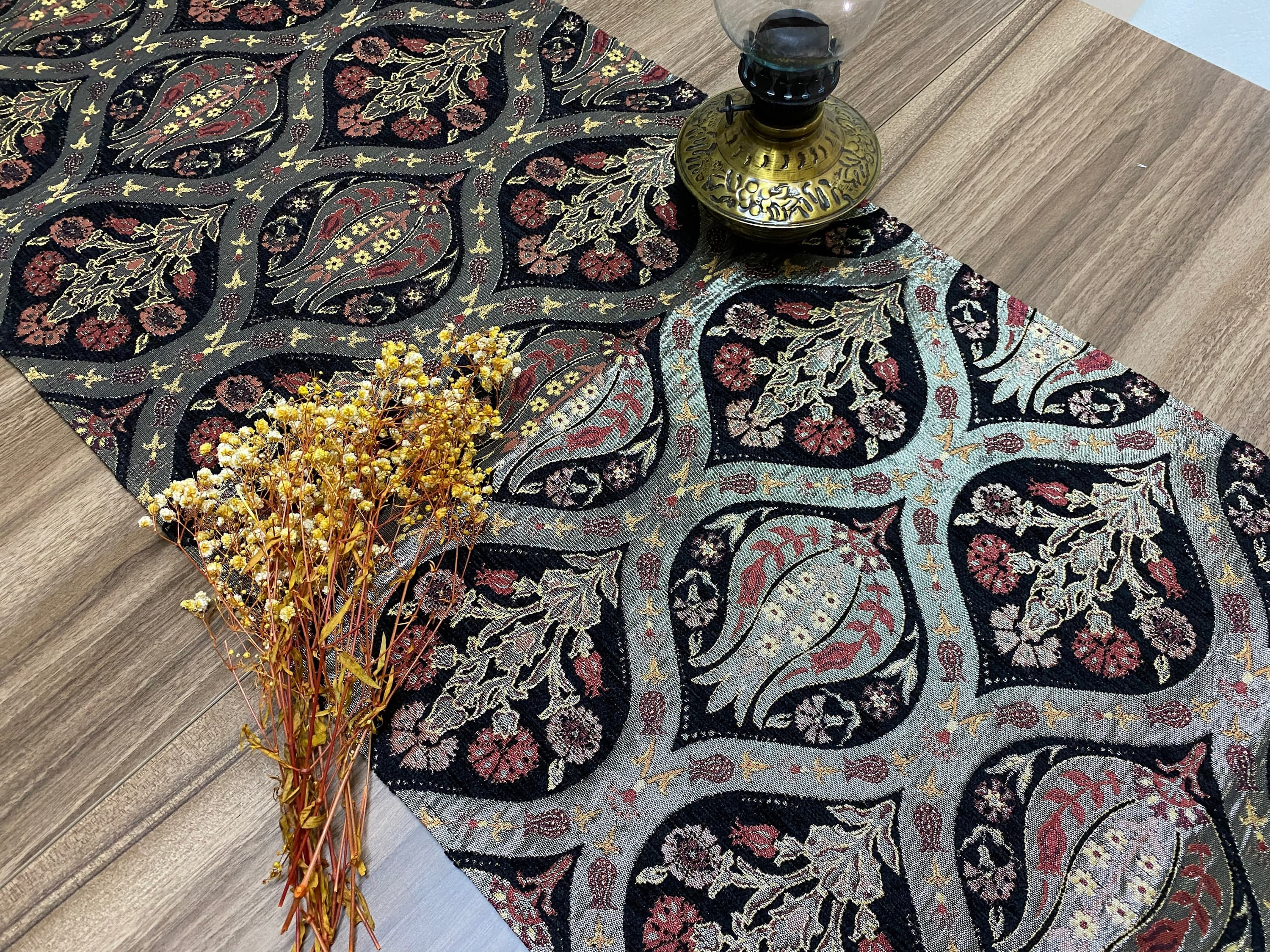 Black Tulip Pattern Turkish Coffee Table Runner,  Carnation Bohemian Wedding Oriental Table Runner, Diner Table Runner Cloth, RNR258 - image 4