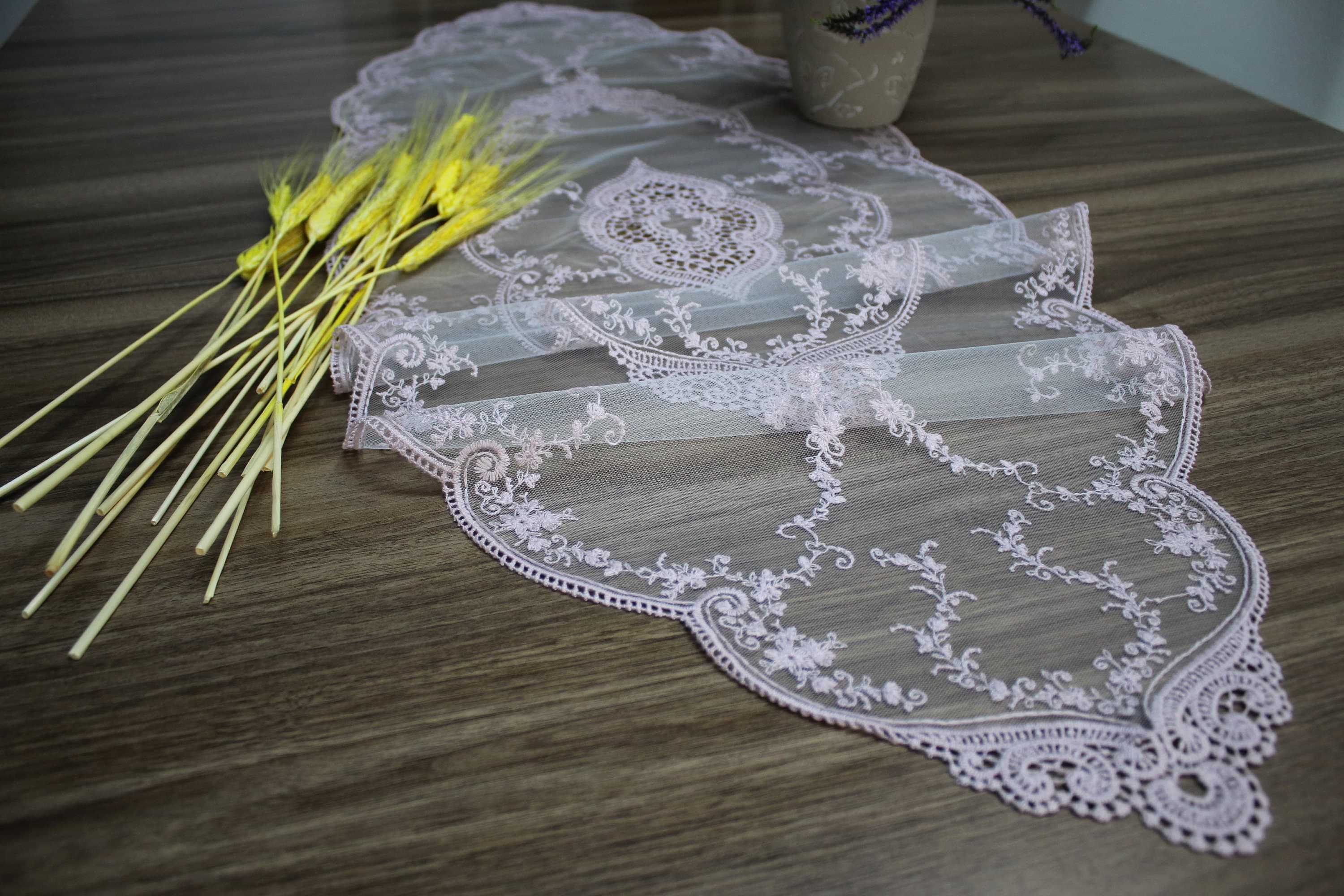 Pink French Lace Table Runner, Vintage Style French Tablecloth For Wedding Table, Linen Table Runner, Wedding Table Linens,      LC129 - image 4